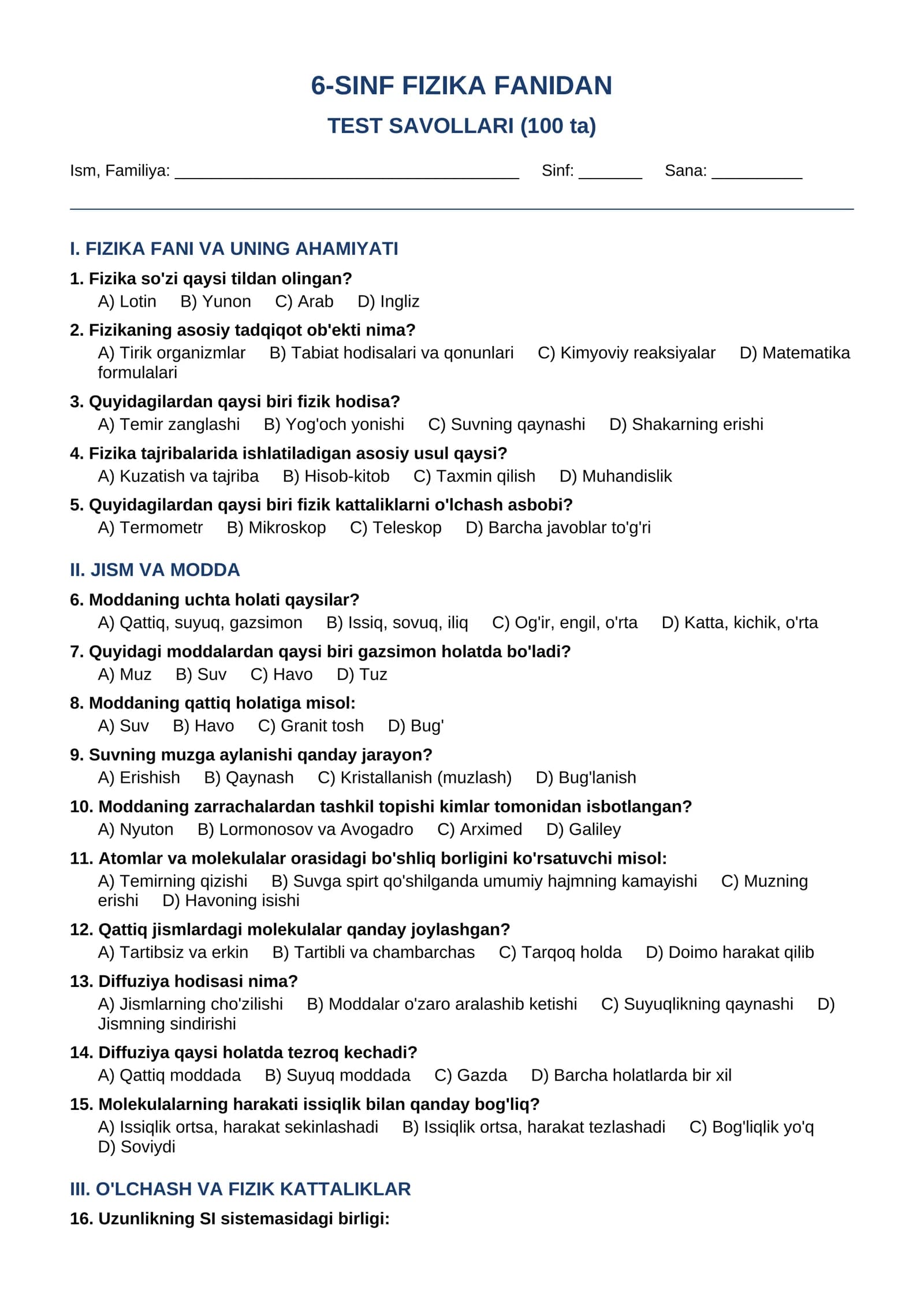 6-SINF FIZIKA FANIDAN TEST SAVOLLARI (100 ta)