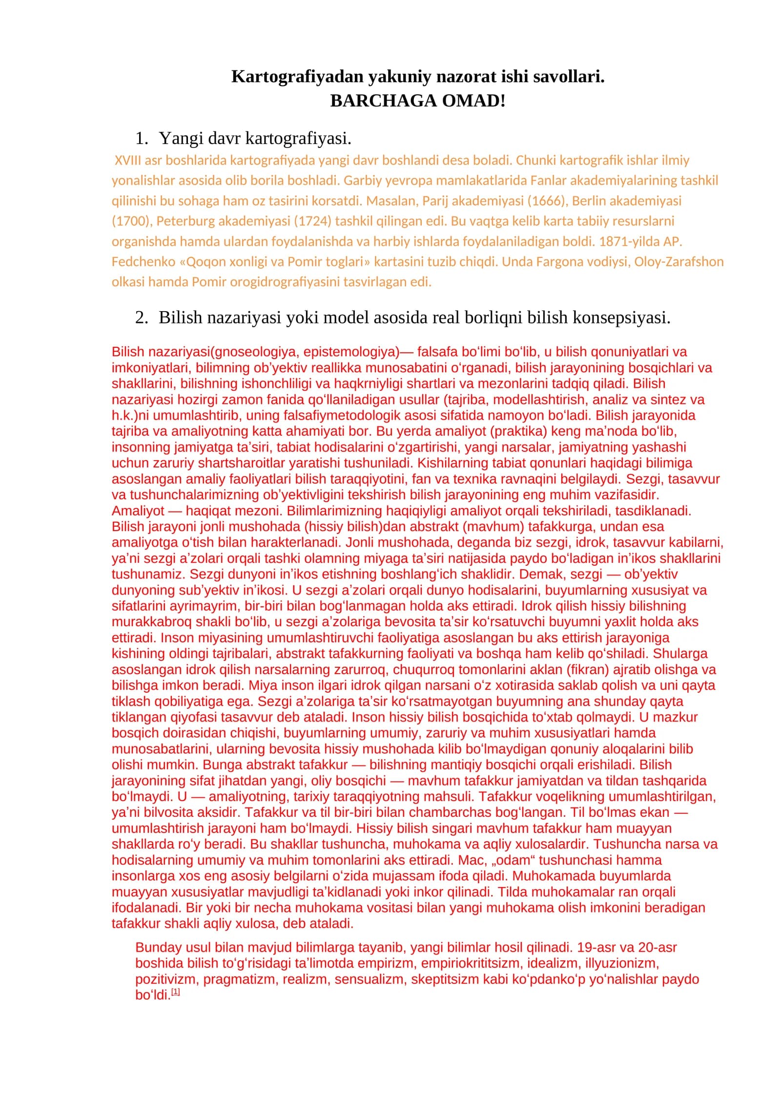 Kartografiyadan yakuniy nazorat ishi savollari