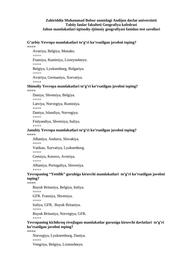 Jahon mamlakatlari iqtisodiy-ijtimoiy geografiyasi fanidan test savollari