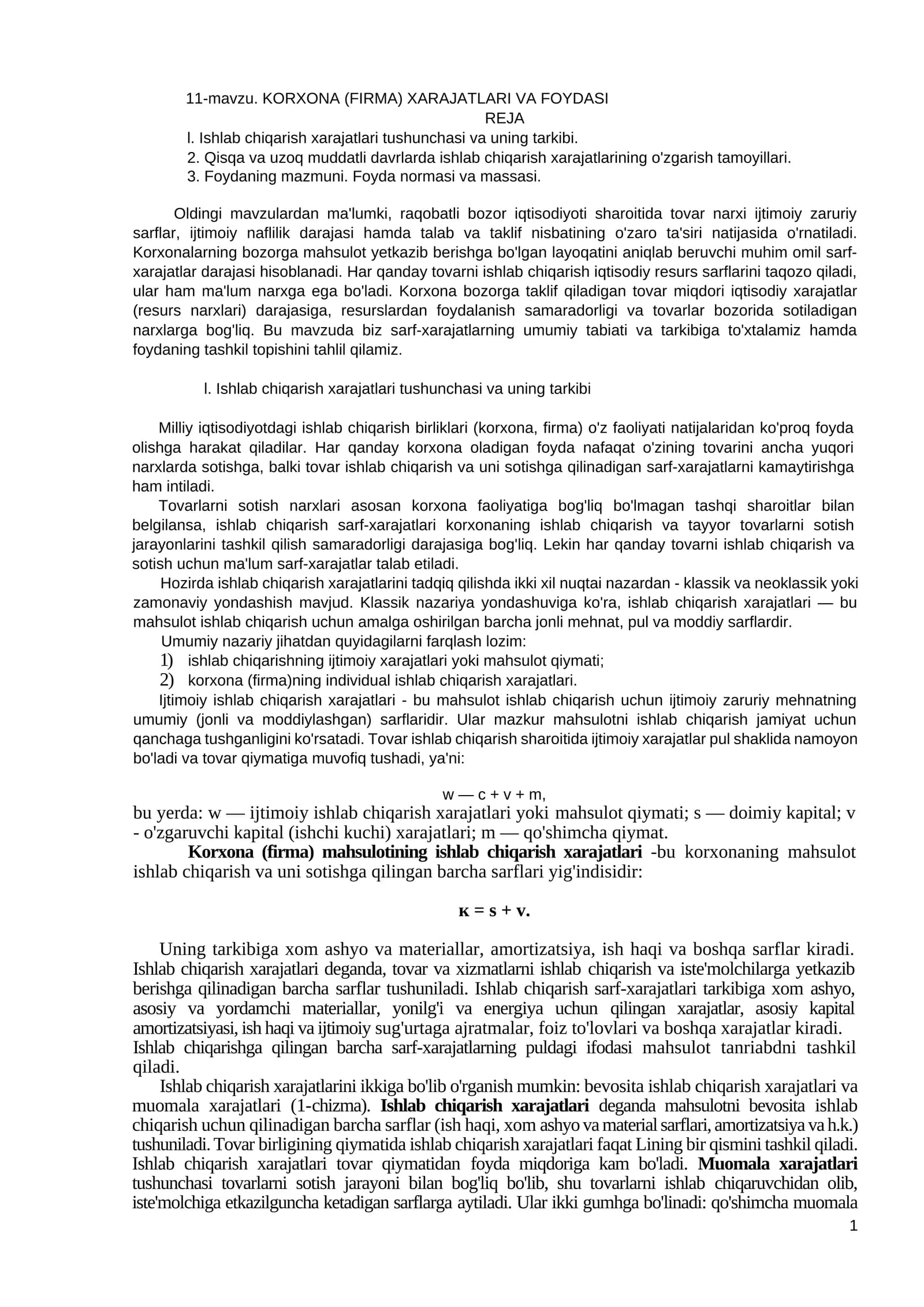 KORXONA (FIRMA) XARAJATLARI VA FOYDASI