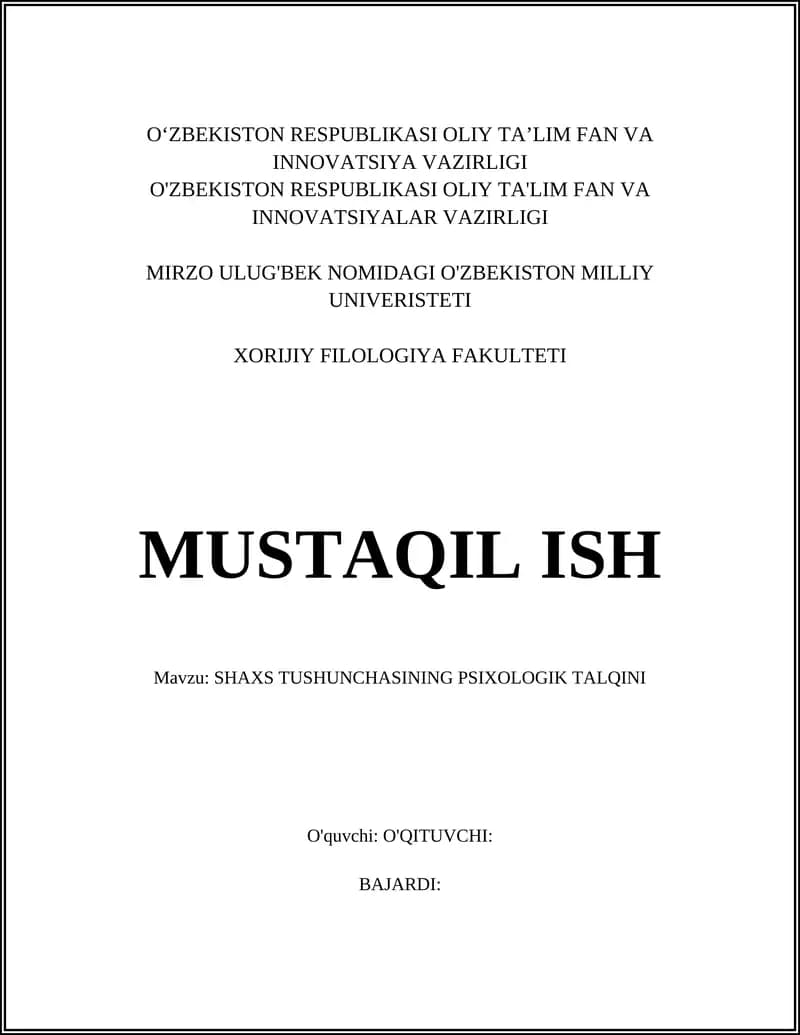 SHAXS TUSHUNCHASINING PSIXOLOGIK TALQINI