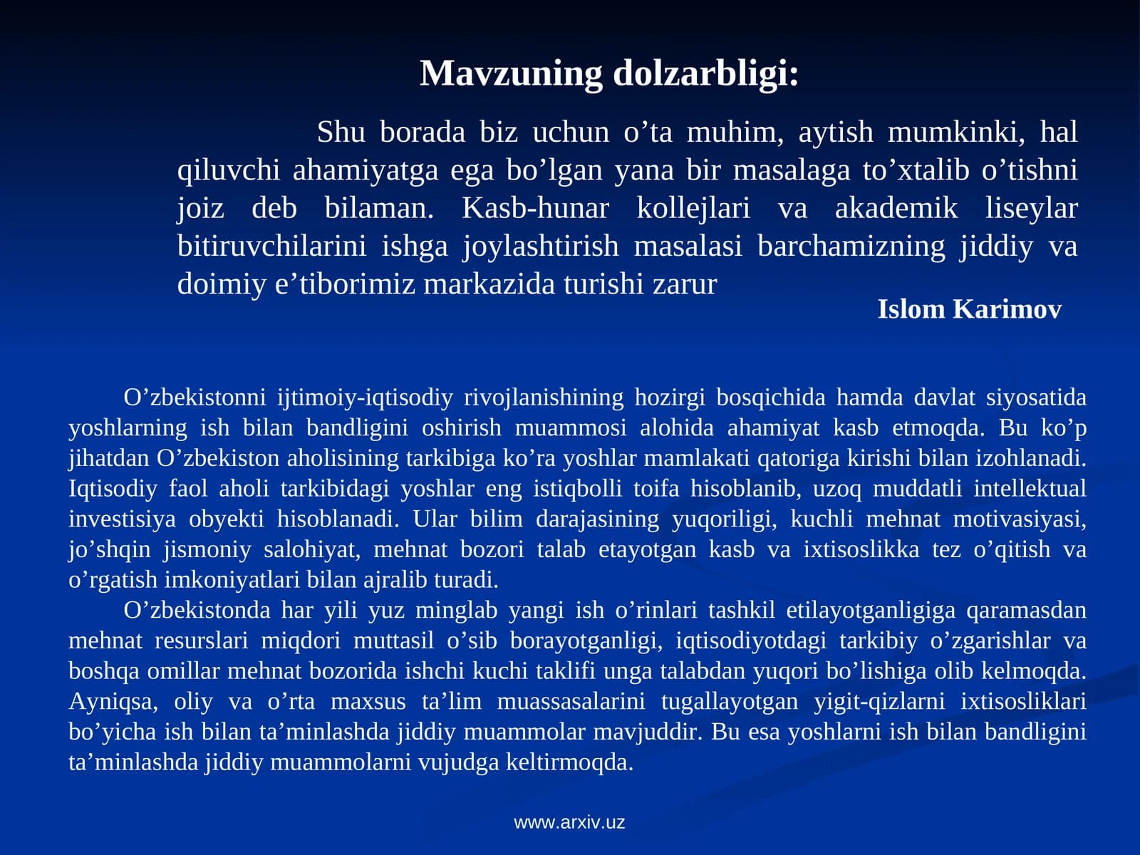 Kasb-hunar kollejlari va akademik litseylar bitiruvchilarini ishga joylashtirish
