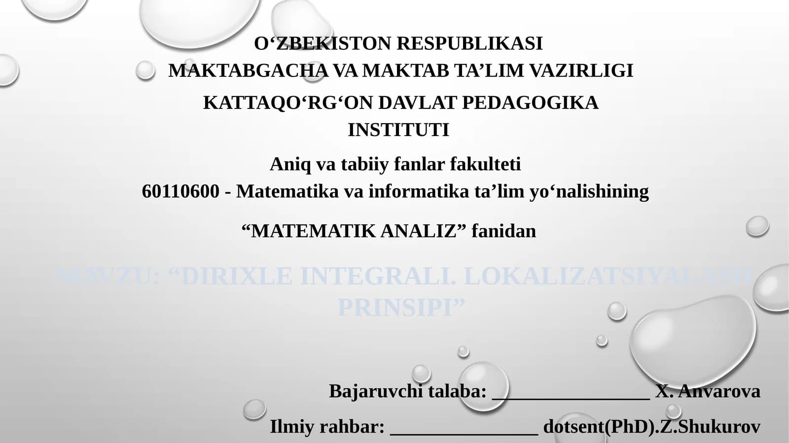 “DIRIXLE INTEGRALI. LOKALIZATSIYALASH PRINSIPI”