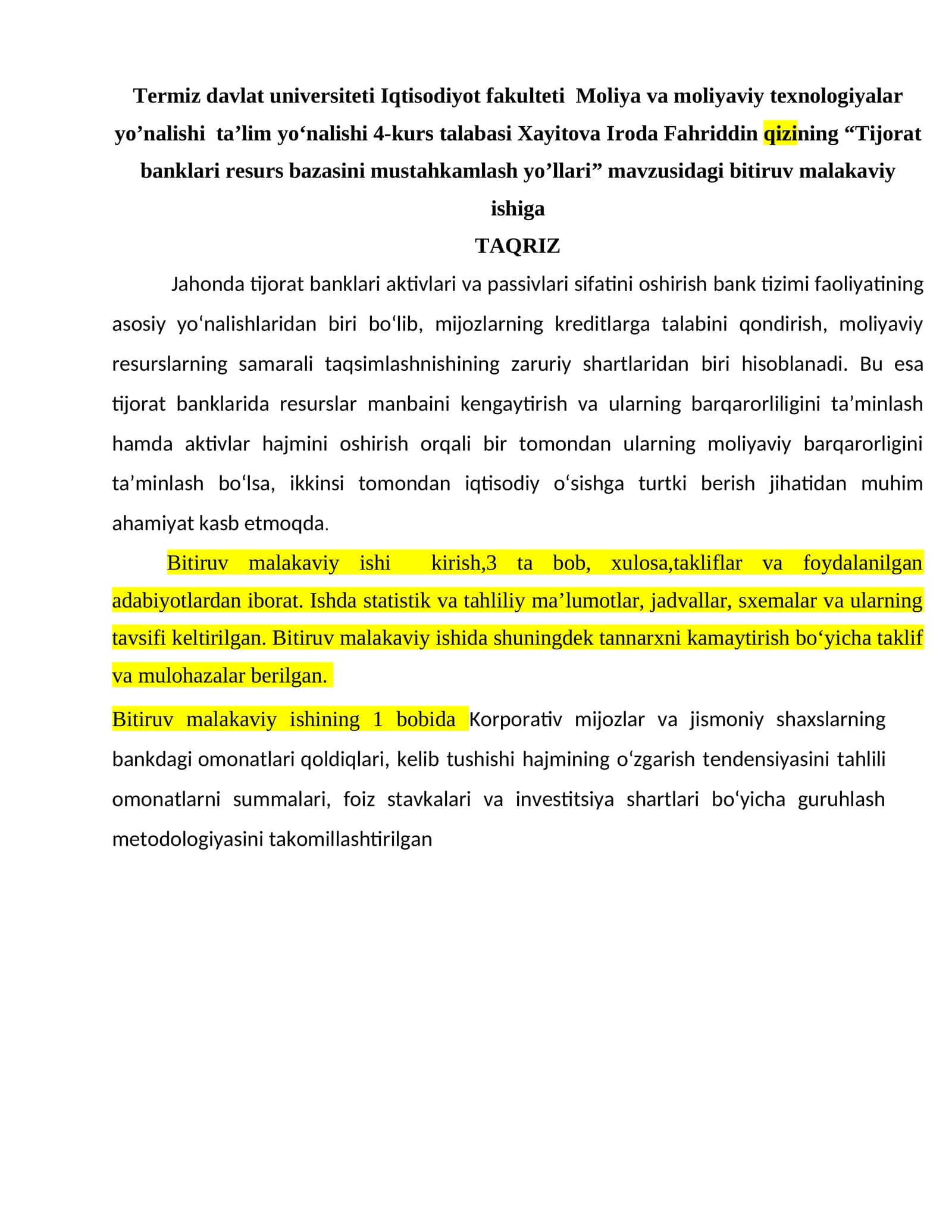 Tijorat banklari resurs bazasini mustahkamlash yo’llari