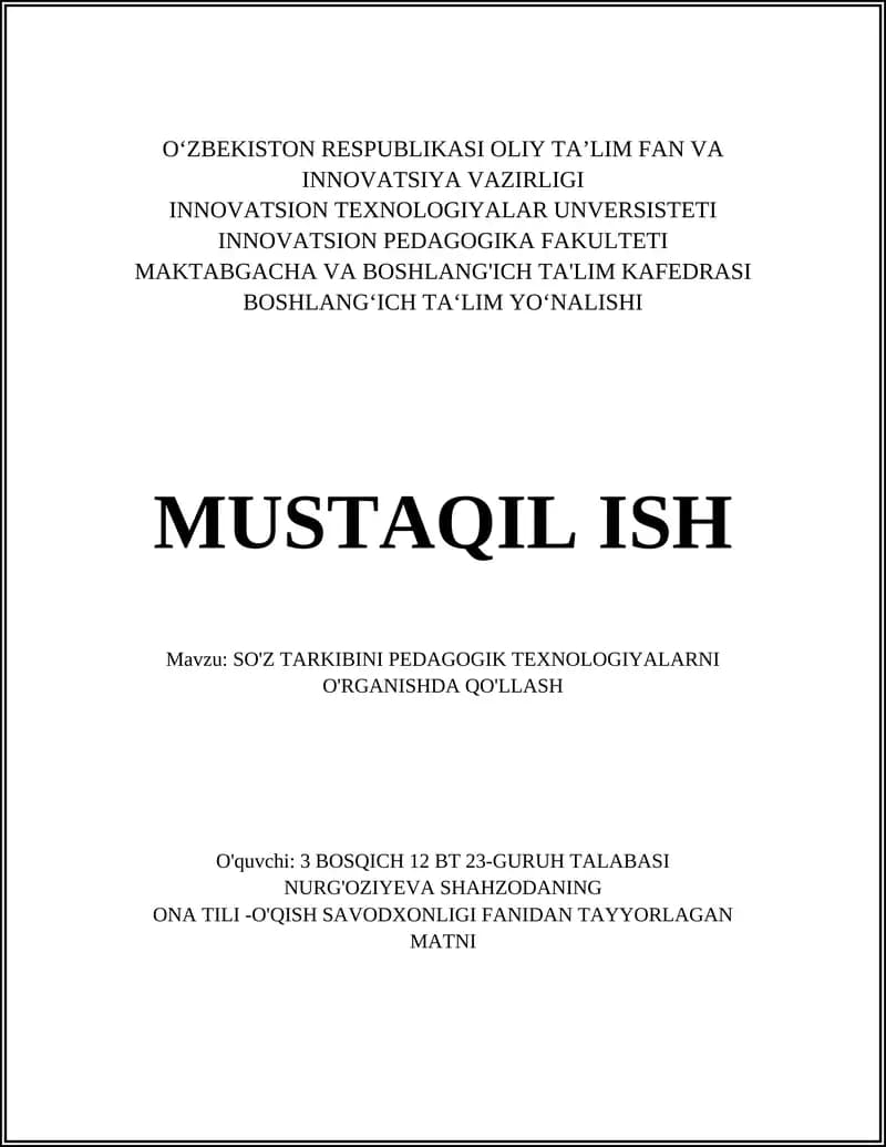 SO'Z TARKIBINI PEDAGOGIK TEXNOLOGIYALARNI O'RGANISHDA QO'LLASH