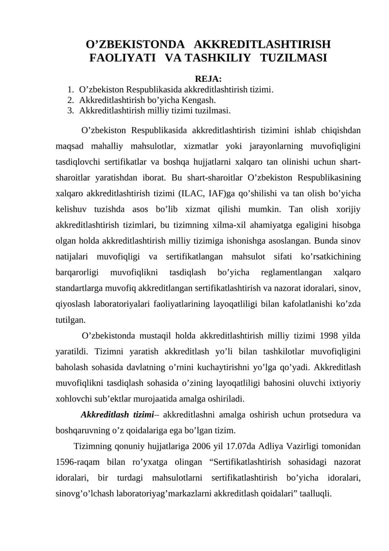 O’ZBEKISTONDA AKKREDITLASHTIRISH FAOLIYATI VA TASHKILIY TUZILMASI