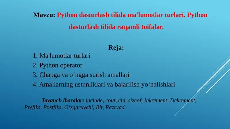 Python dasturlash tilida ma'lumotlar turlari. Python dasturlash tilida raqamli toifalar.