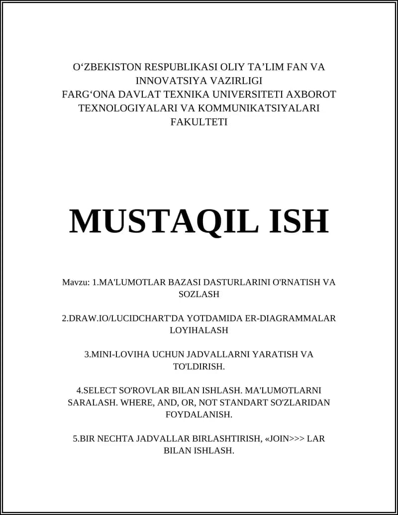 MA'LUMOTLAR BAZASI DASTURLARINI O'RNATISH VA SOZLASH