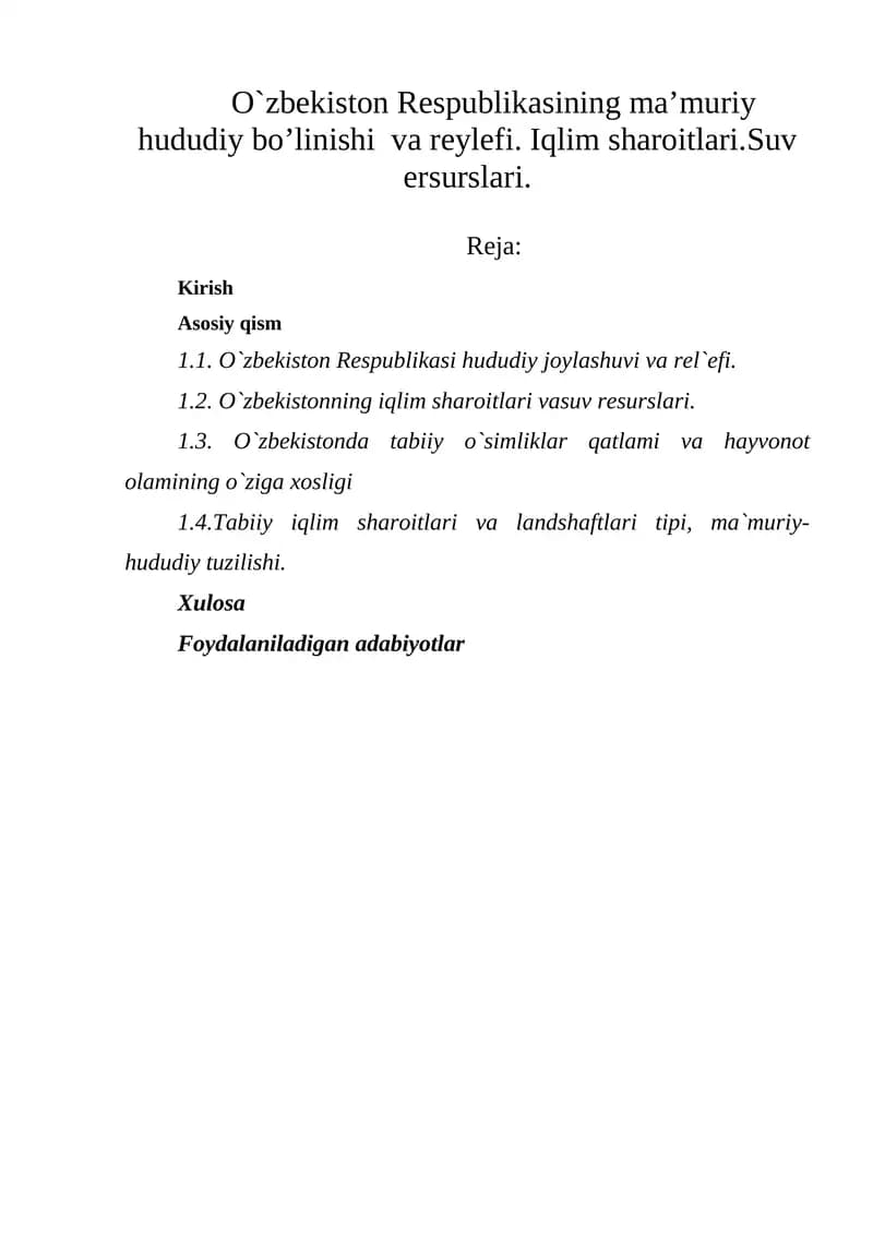 O`zbekiston Respublikasining ma’muriy hududiy bo’linishi va reylefi