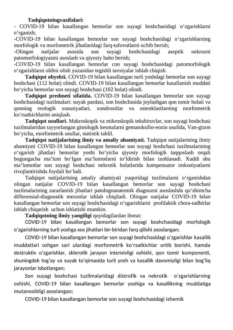 COVID-19 bilan kasallangan bemorlar son suyagi boshchasidagi o‘zgarishlar