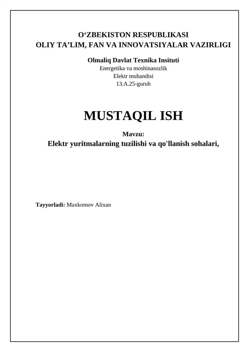 Elektr yuritmalarning tuzilishi va ishlash prinsipi