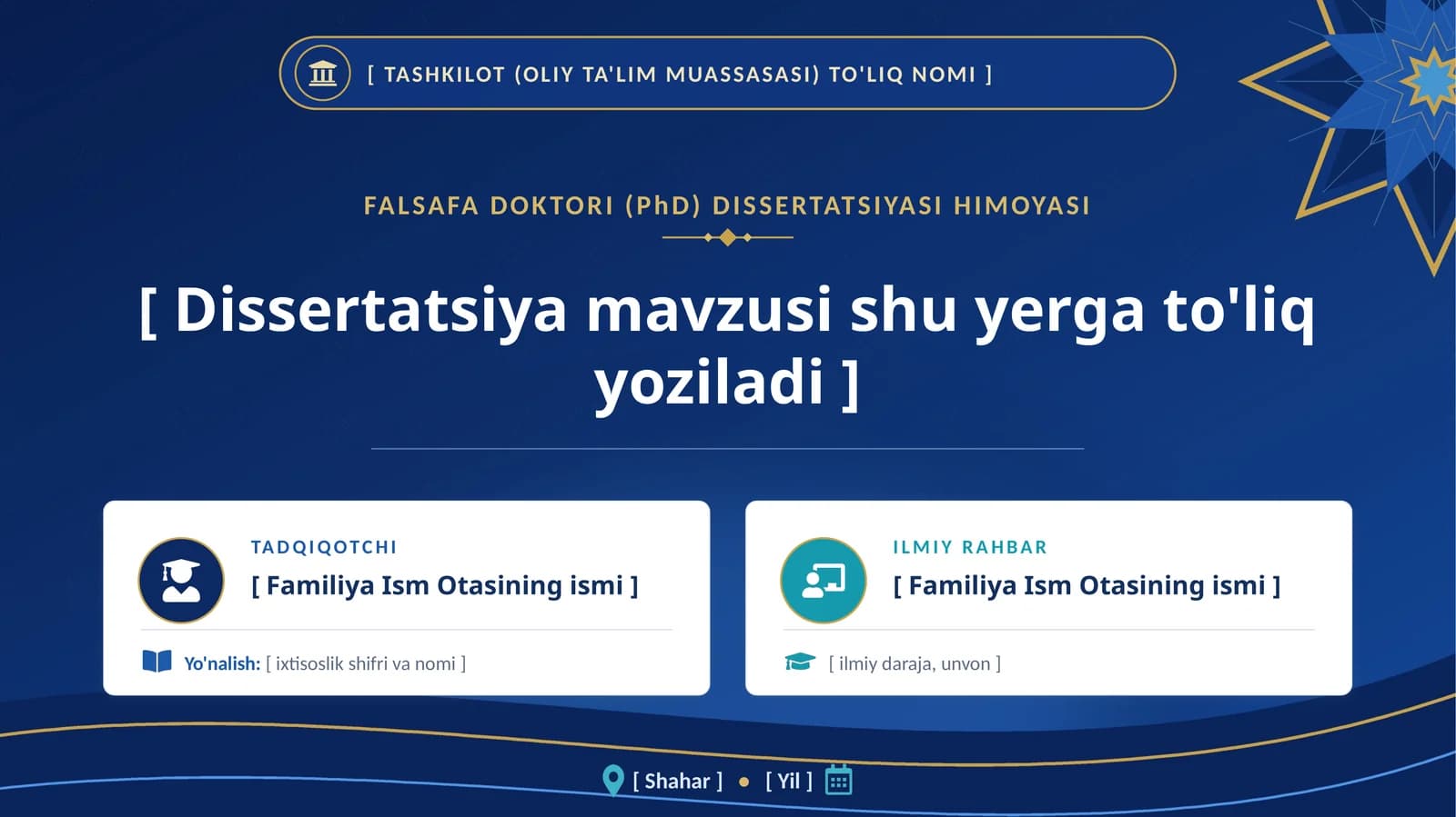 PhD Dissertatsiyasi seminari va himoyasi uchun premium universal taqdimot shabloni