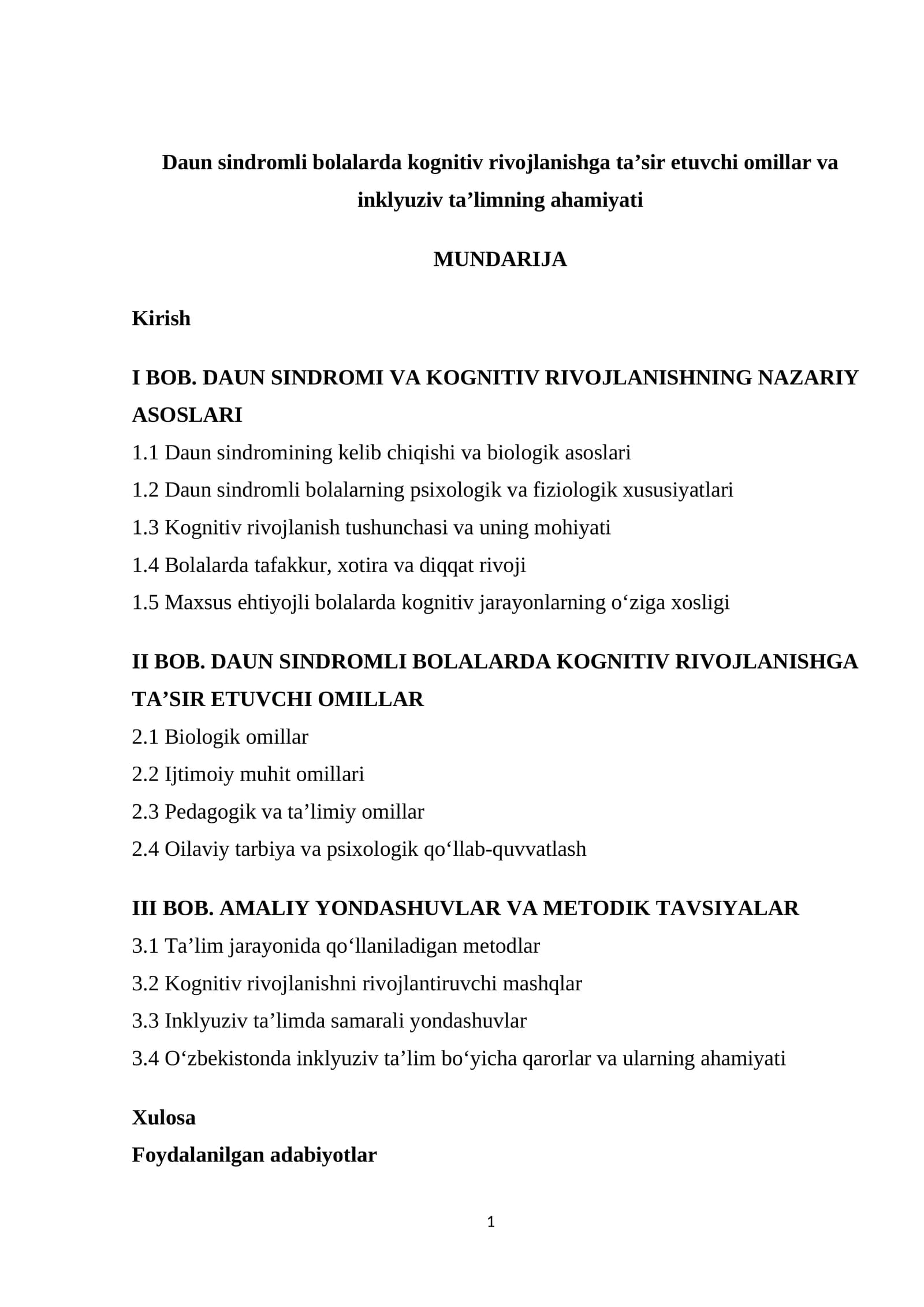 Daun sindromli bolalarda kognitiv rivojlanishga ta’sir etuvchi omillar va inklyuziv ta’limning ahamiyati