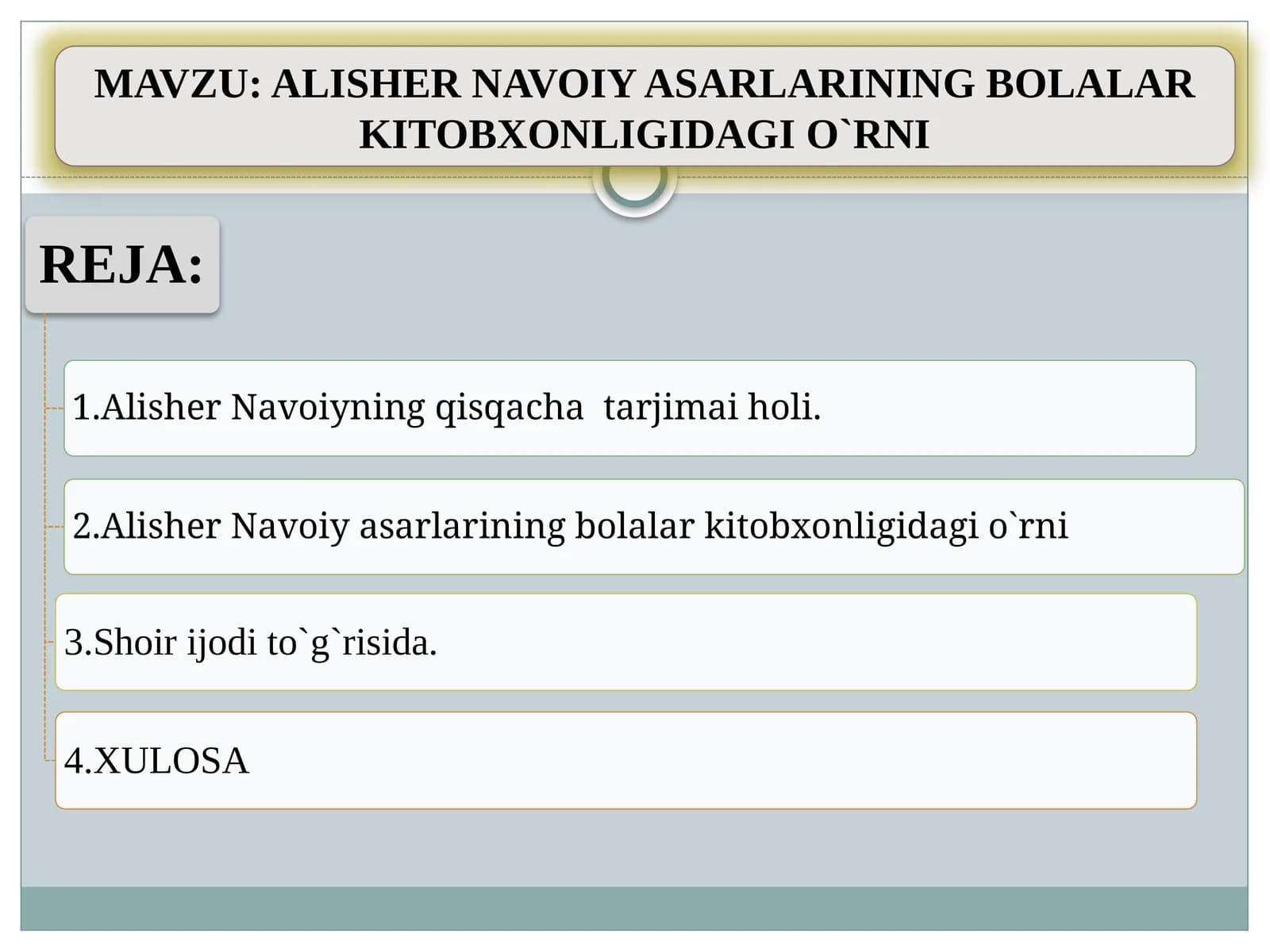 ALISHER NAVOIY ASARLARINING BOLALAR KITOBXONLIGIDAGI O`RNI