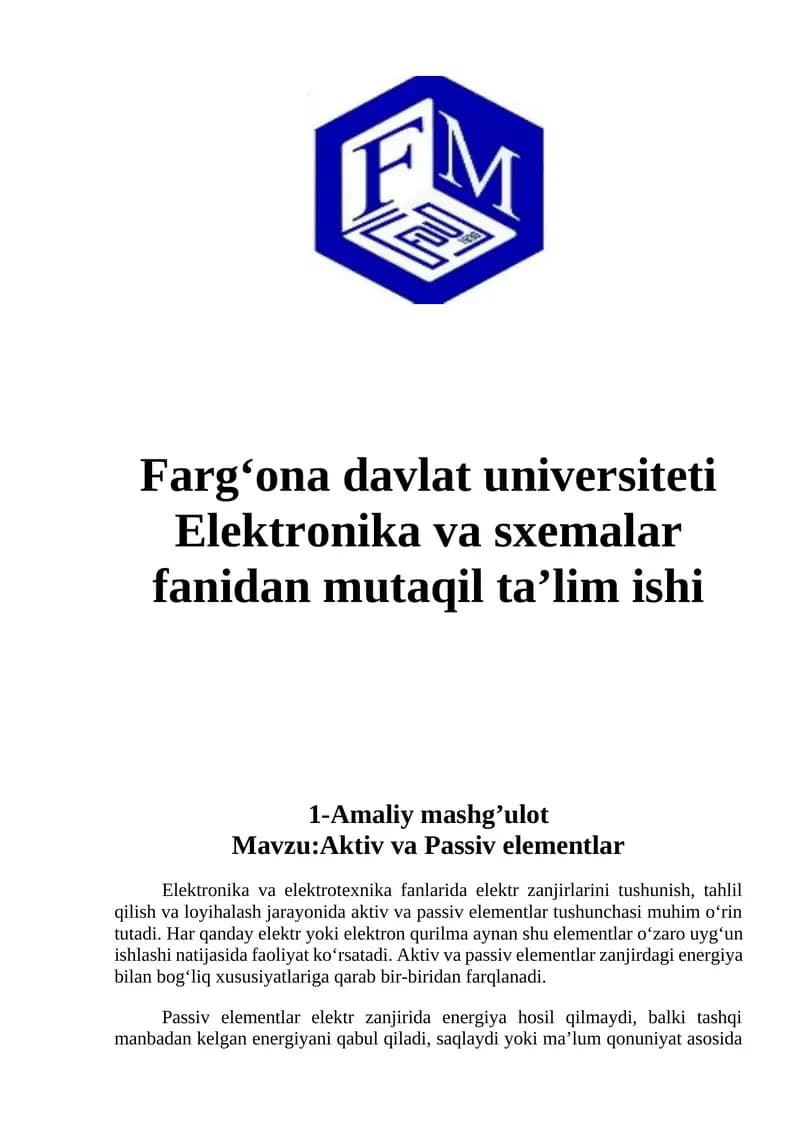 Elektronika va sxemalar fanidan mutaqil ta’lim ishi