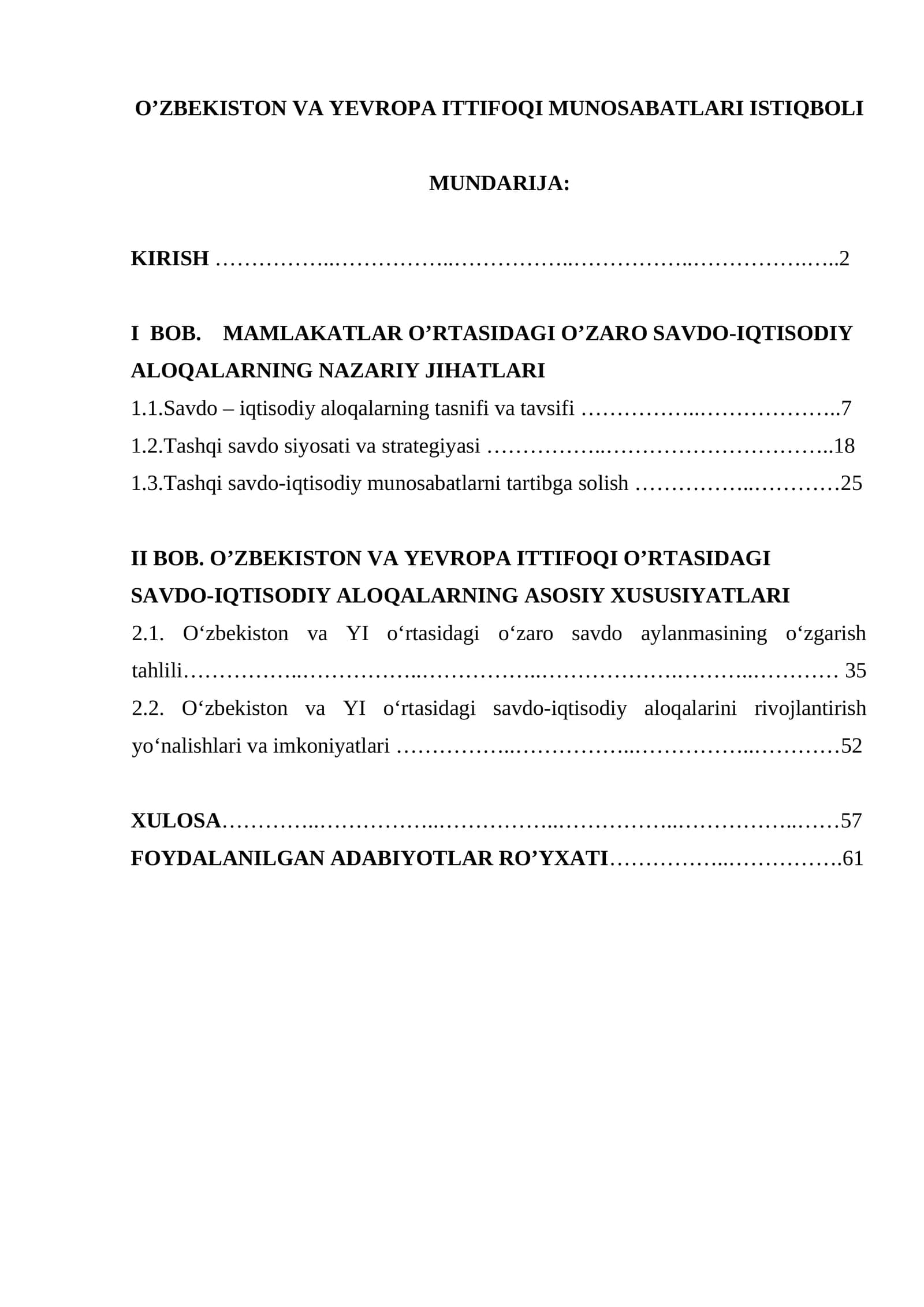 O'ZBEKISTON VA YEVROPA ITTIFOQI MUNOSABATLARI ISTIQBOLI