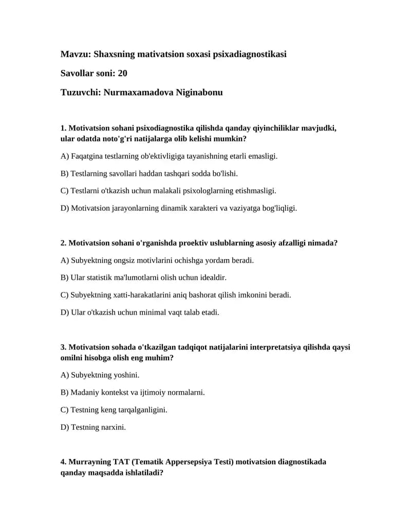 Shaxsning mativatsion soxasi psixadiagnostikasi