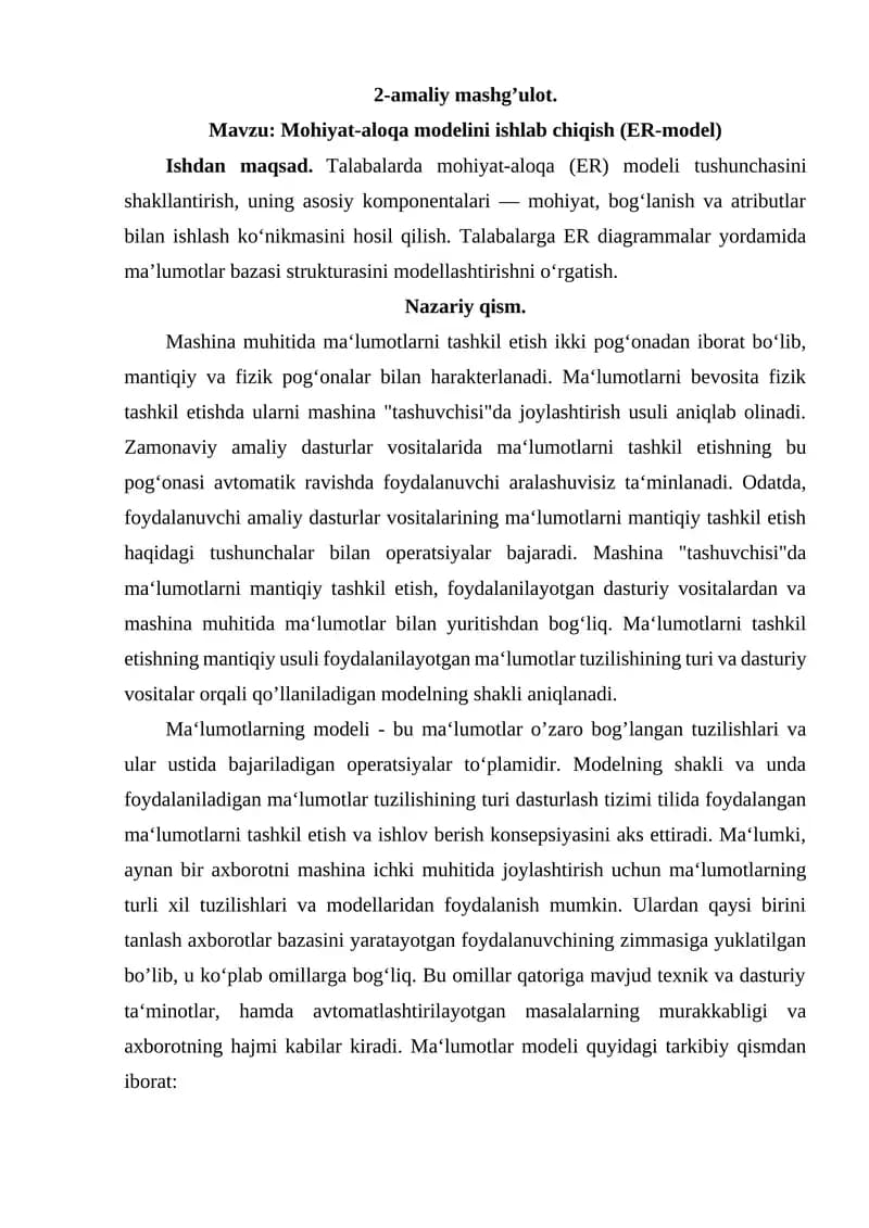 Mohiyat-aloqa modelini ishlab chiqish (ER-model)