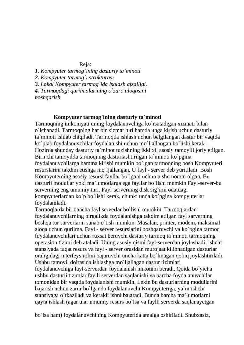 Kompyuter tarmog`ining dasturiy ta`minoti