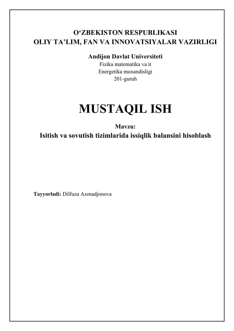 Isitish va sovutish tizimlarida issiqlik balansini hisoblash