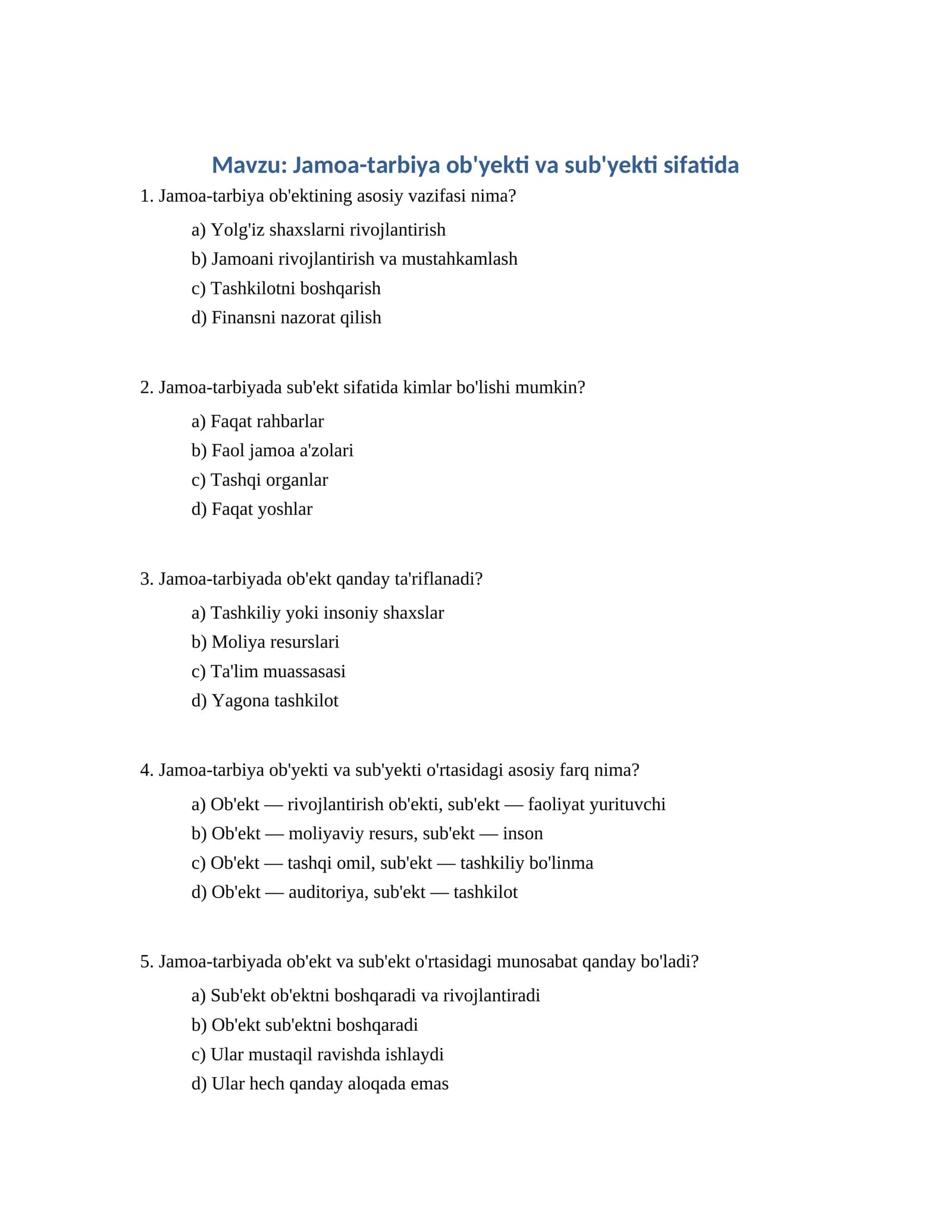 Jamoa-tarbiya ob'yekti va sub'yekti sifatida