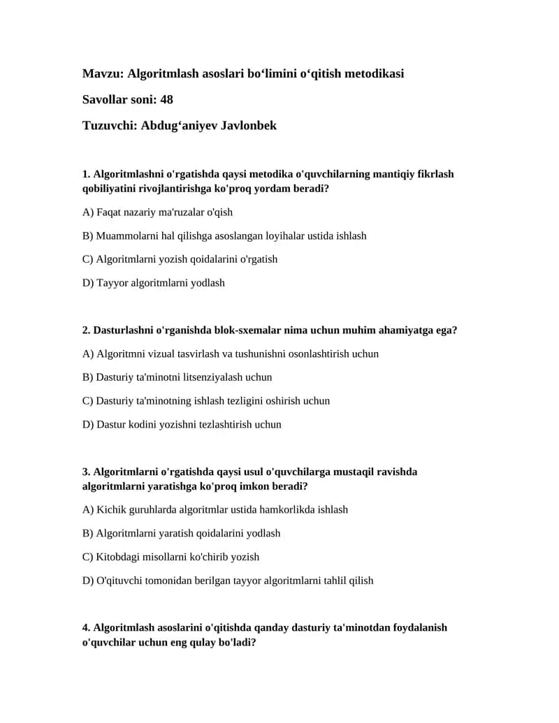 Algoritmlash asoslari bo‘limini o‘qitish metodikasi