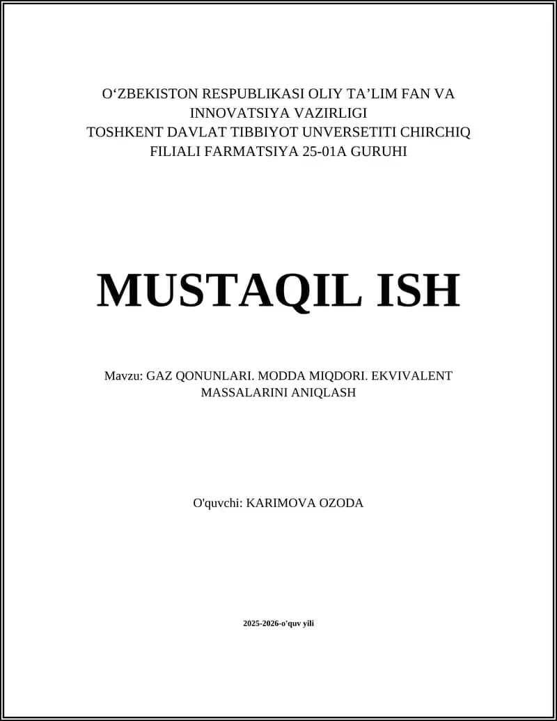 GAZ QONUNLARI. MODDA MIQDORI. EKVIVALENT MASSALARINI ANIQLASH