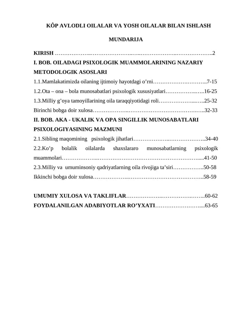 KÔP AVLODLI OILALAR VA YOSH OILALAR BILAN ISHLASH