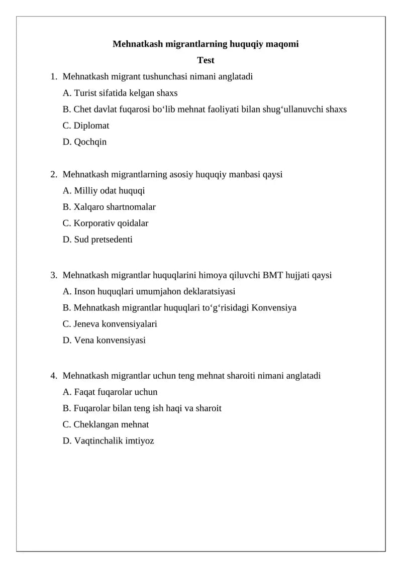Mehnatkash migrantlarning huquqiy maqomi