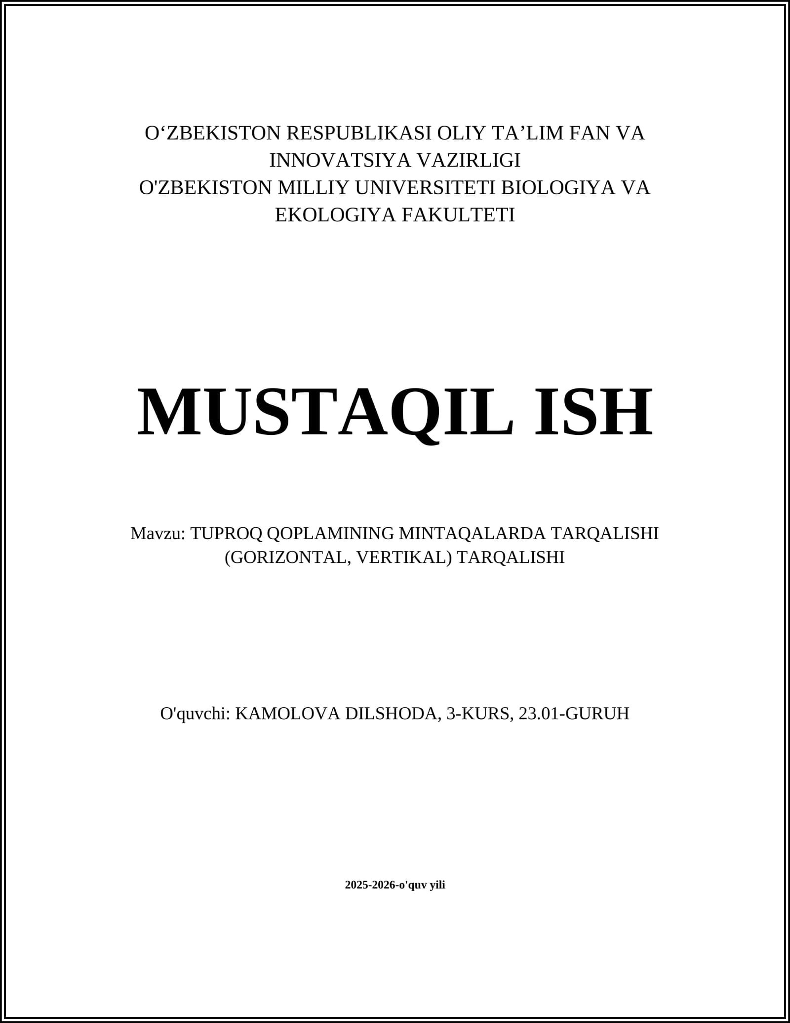 TUPROQ QOPLAMINING MINTAQALARDA TARQALISHI (GORIZONTAL, VERTIKAL) TARQALISHI