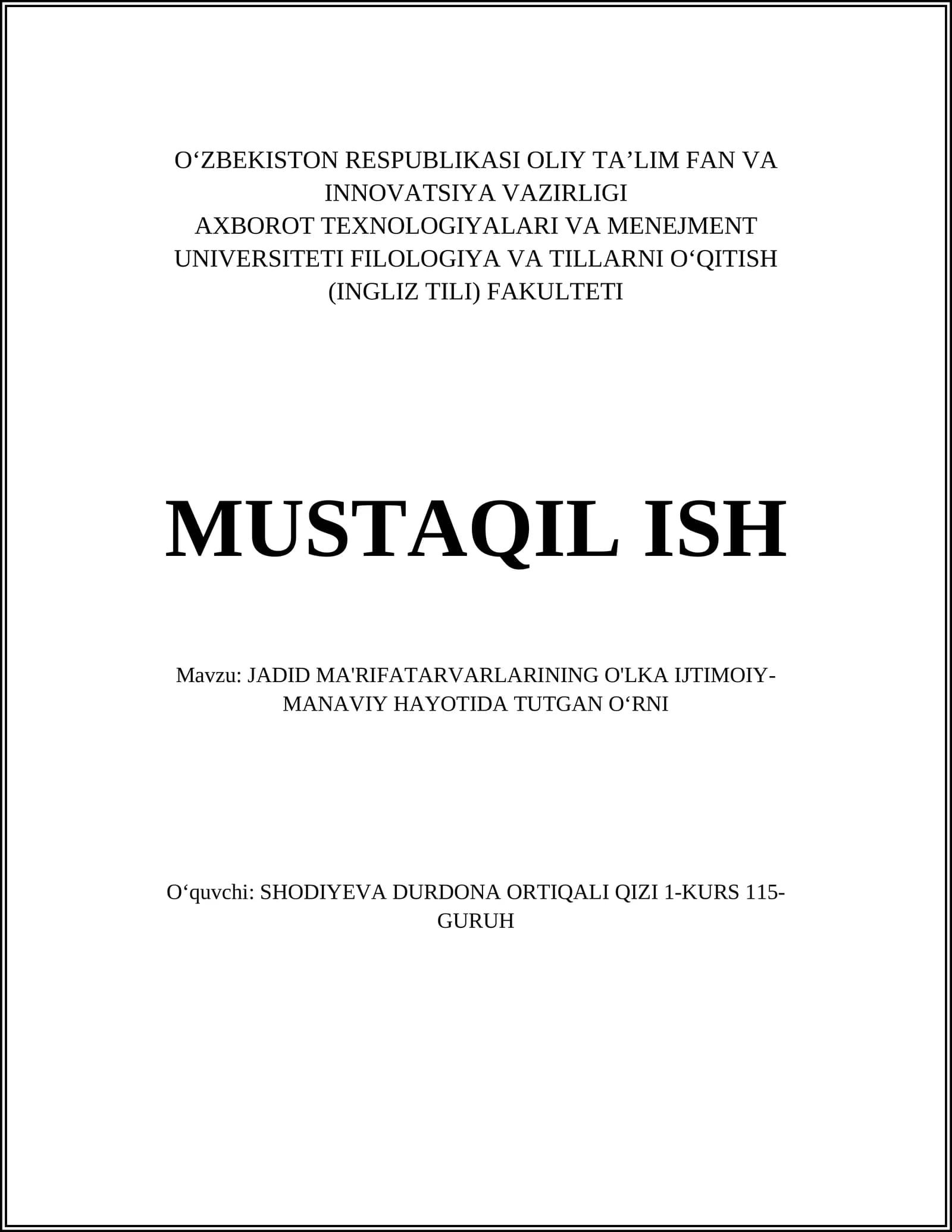 JADID MA'RIFATARVARLARINING O'LKA IJTIMOIY-MANAVIY HAYOTIDA TUTGAN OʻRNI