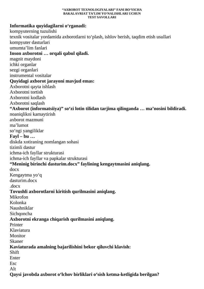 “AXBOROT TEXNOLOGIYALARI” FANI BO‘YICHA  BAKALAVRIAT TA’LIM YO‘NALISHLARI UCHUN  TEST SAVOLLARI