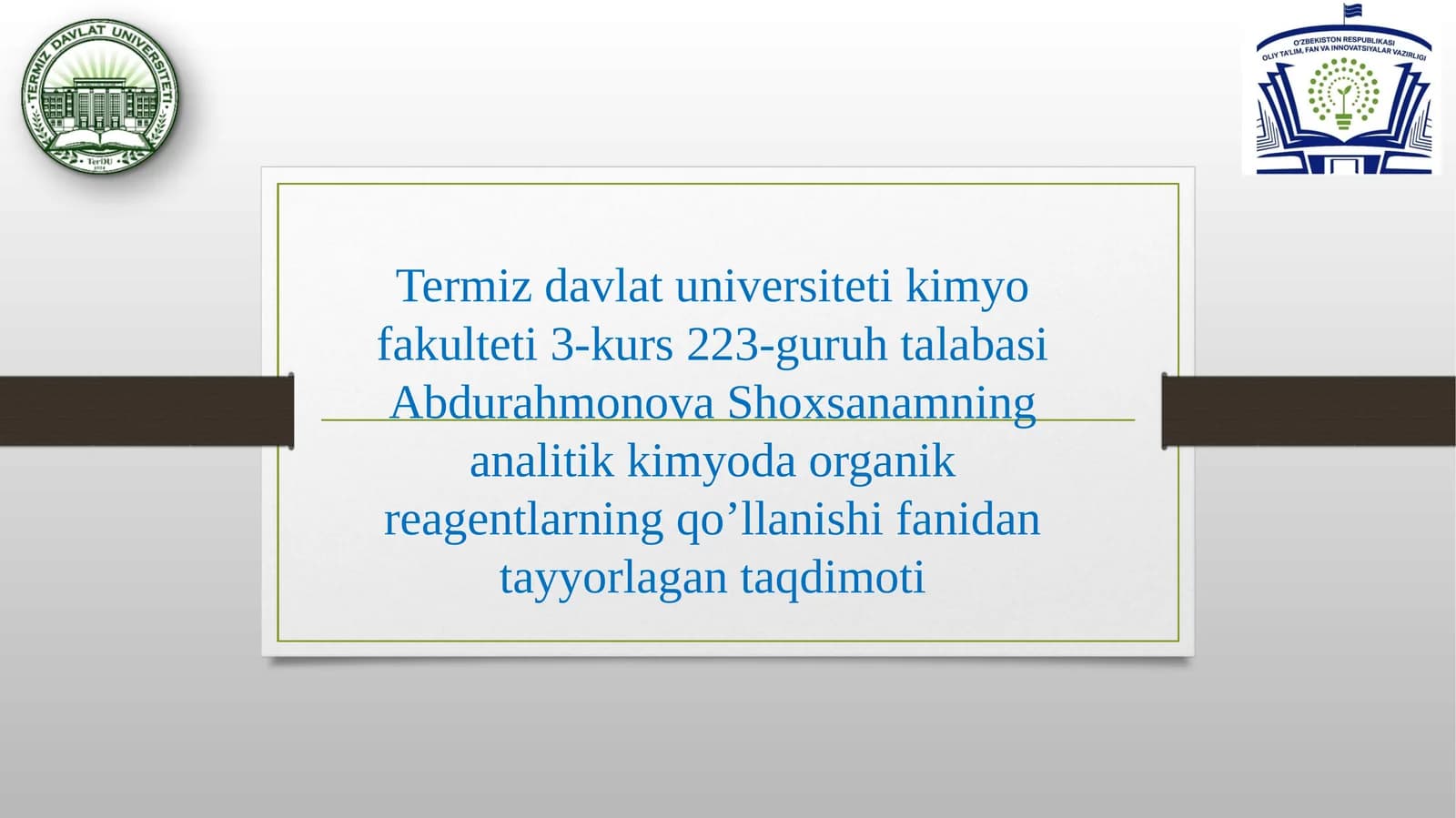 Abdurahmonova Shoxsanamning analitik kimyo da organik reagentlarning qo’llanishi fanidan tayyorlagan taqdimot