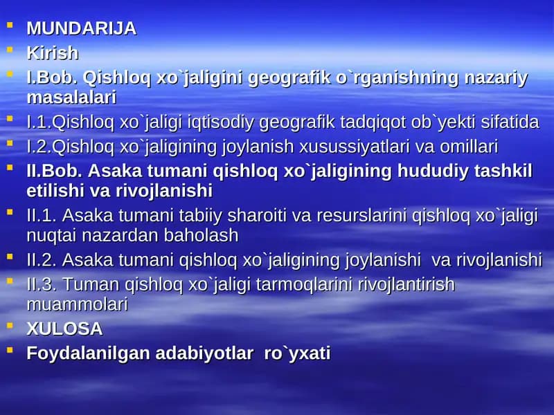 I.Bob. Qishloq xo`jaligini gеografik o`rganishning nazariy masalalari