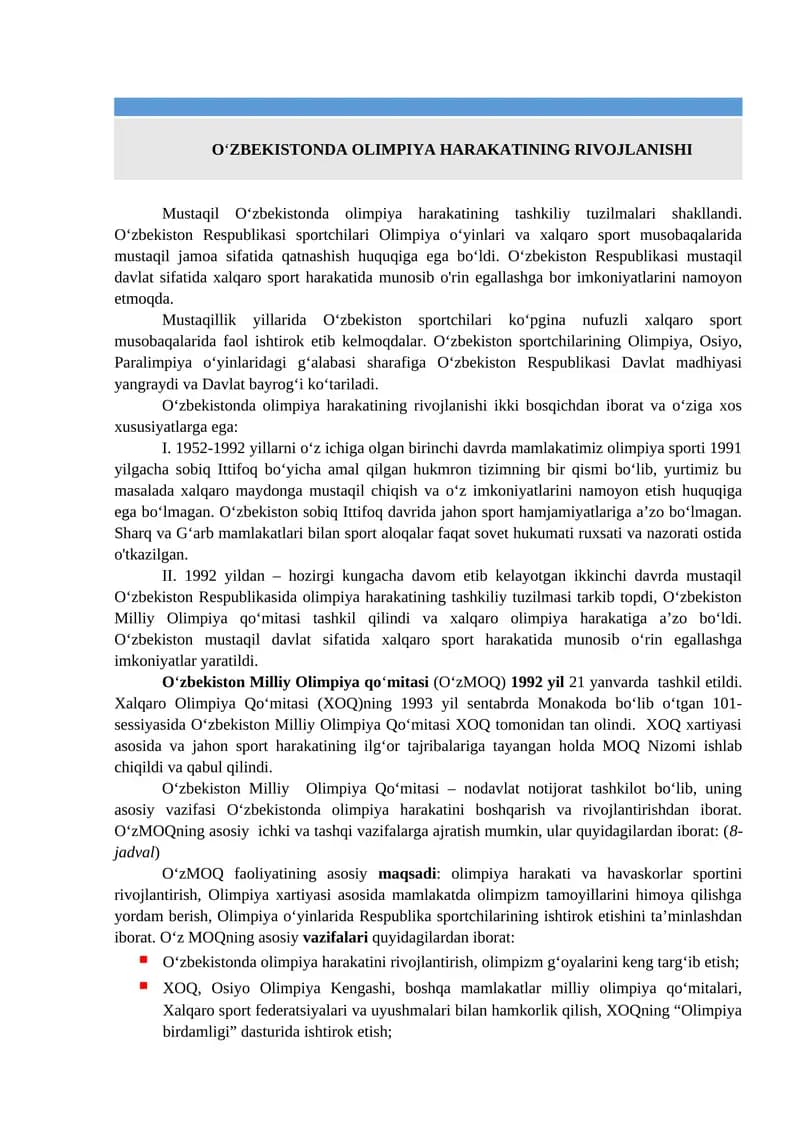 O‘zbekistonda olimpiya harakatining rivojlanishi