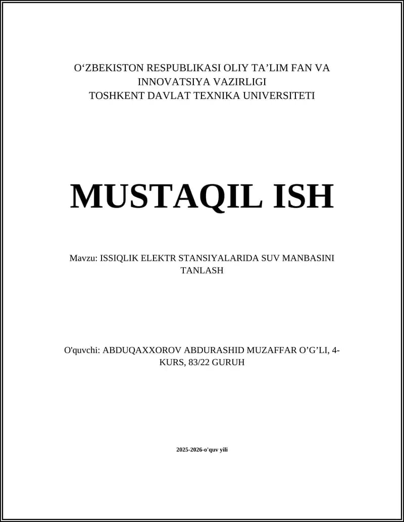 Issiqlik Elektr Stansiyalarida Suv Manbasini Tanlash