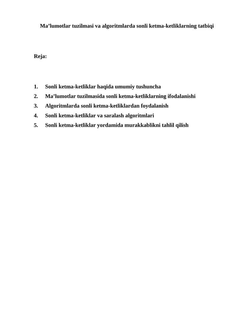 Ma’lumotlar tuzilmasi va algoritmlarda sonli ketma-ketliklarning tatbiqi