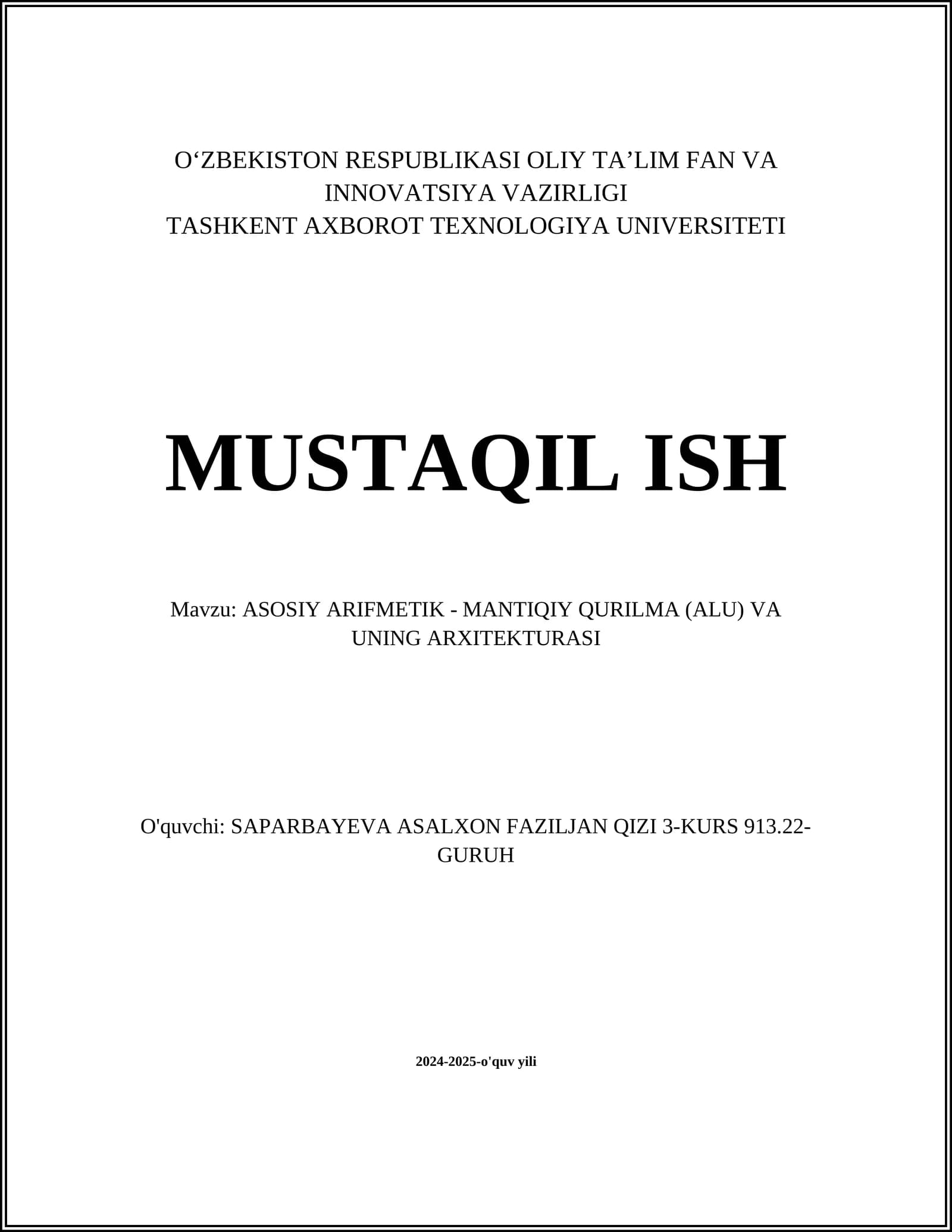 ASOSIY ARIFMETIK - MANTIQIY QURILMA (ALU) VA UNING ARXITEKTURASI