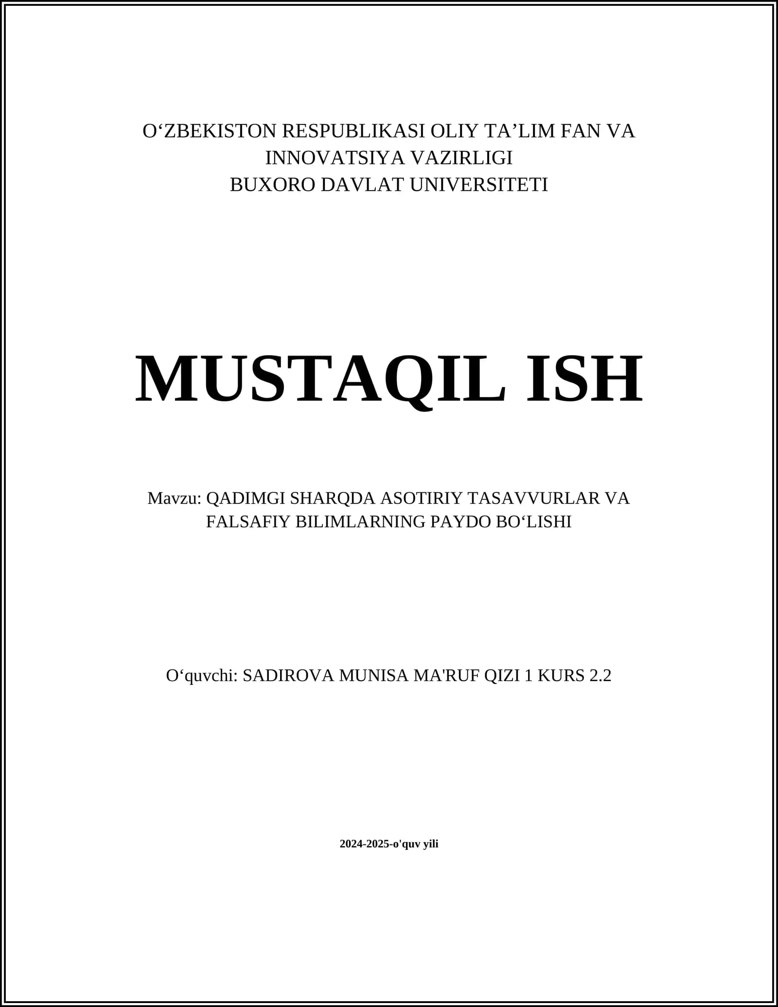 QADIMGI SHARQDA ASOTIRIY TASAVVURLAR VA FALSAFIY BILIMLARNING PAYDO BOʻLISHI