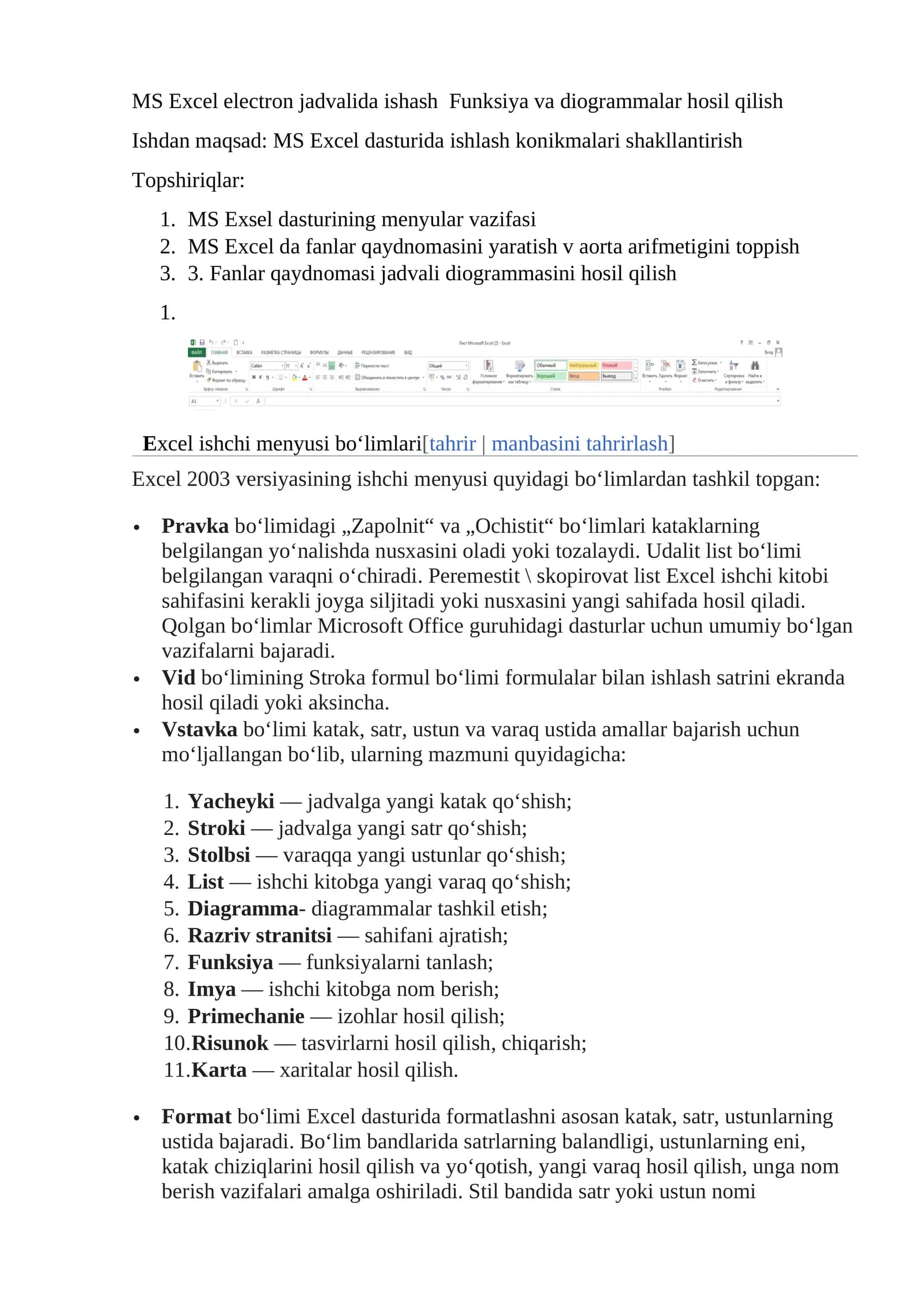 MS Excel electron jadvalida ishash Funksiya va diogrammalar hosil qilish