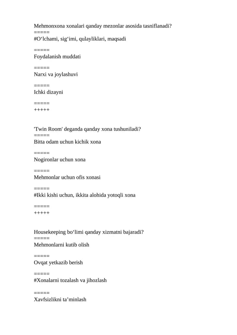 Test Xonalar bo'limini boshqarish