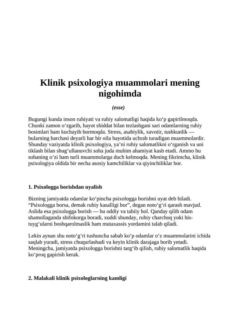 Klinik psixologiya muammolari mening nigohimda