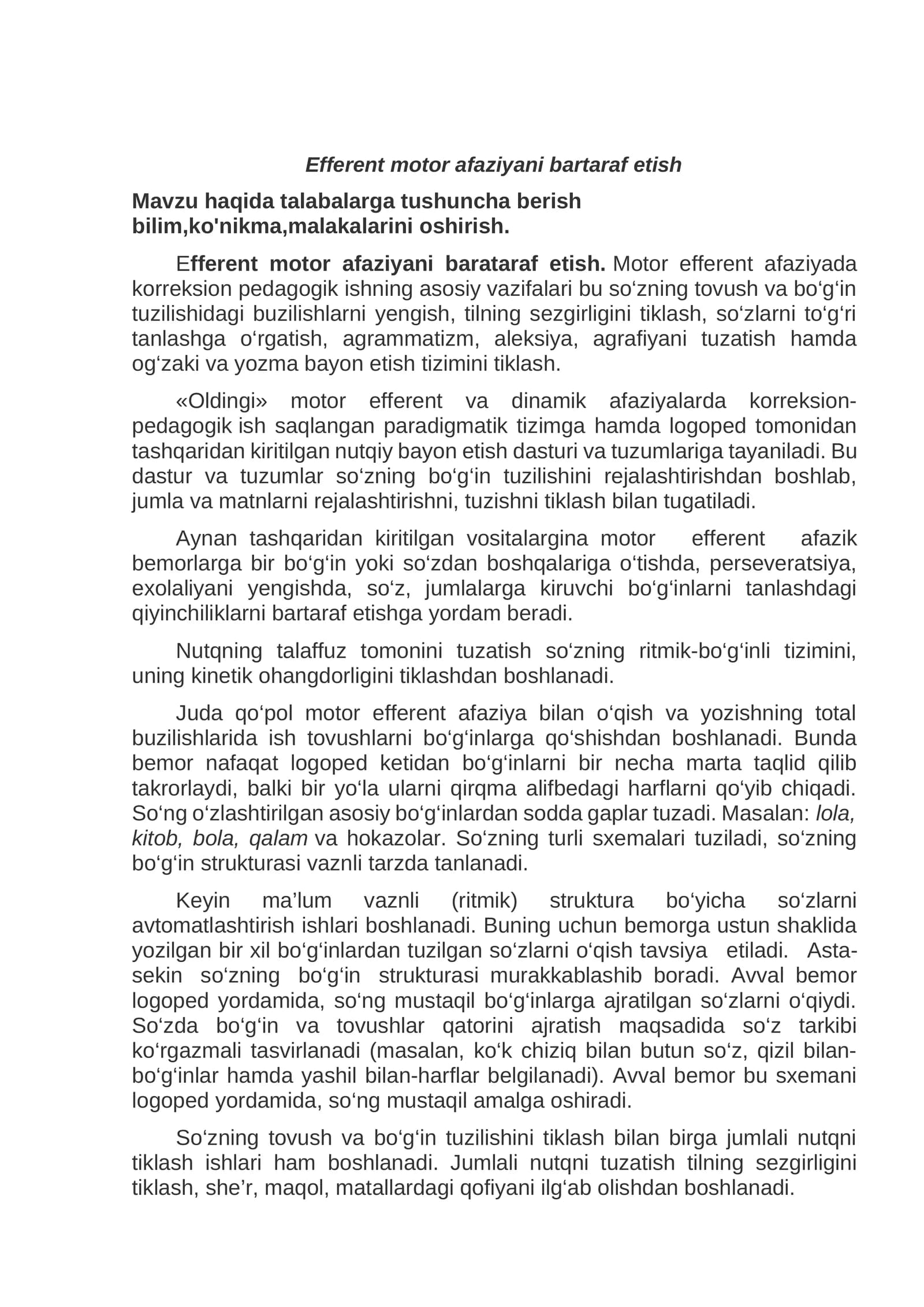 Efferent motor afaziyani bartaraf etish