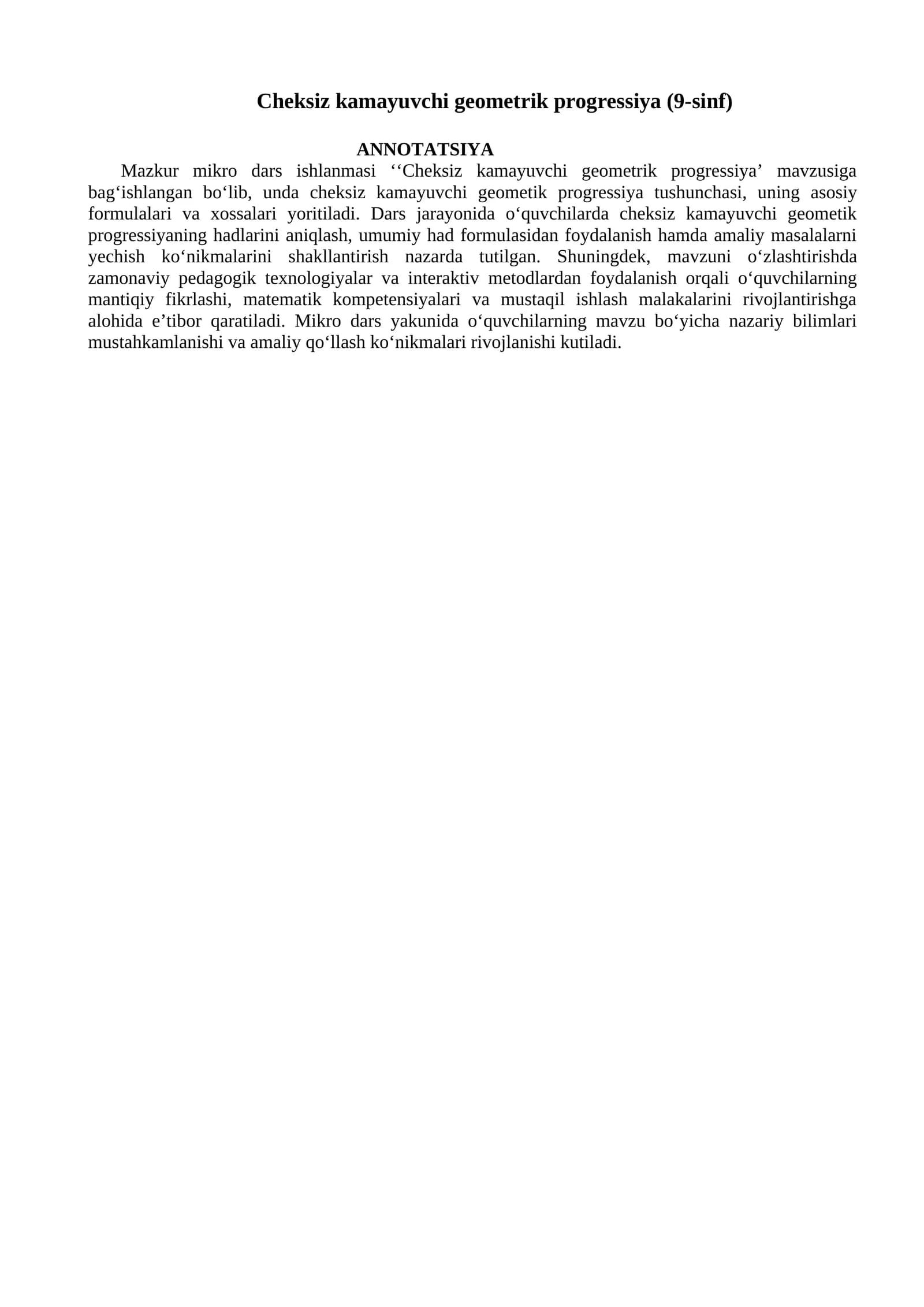 Cheksiz kamayuvchi geometrik progressiya (9-sinf)