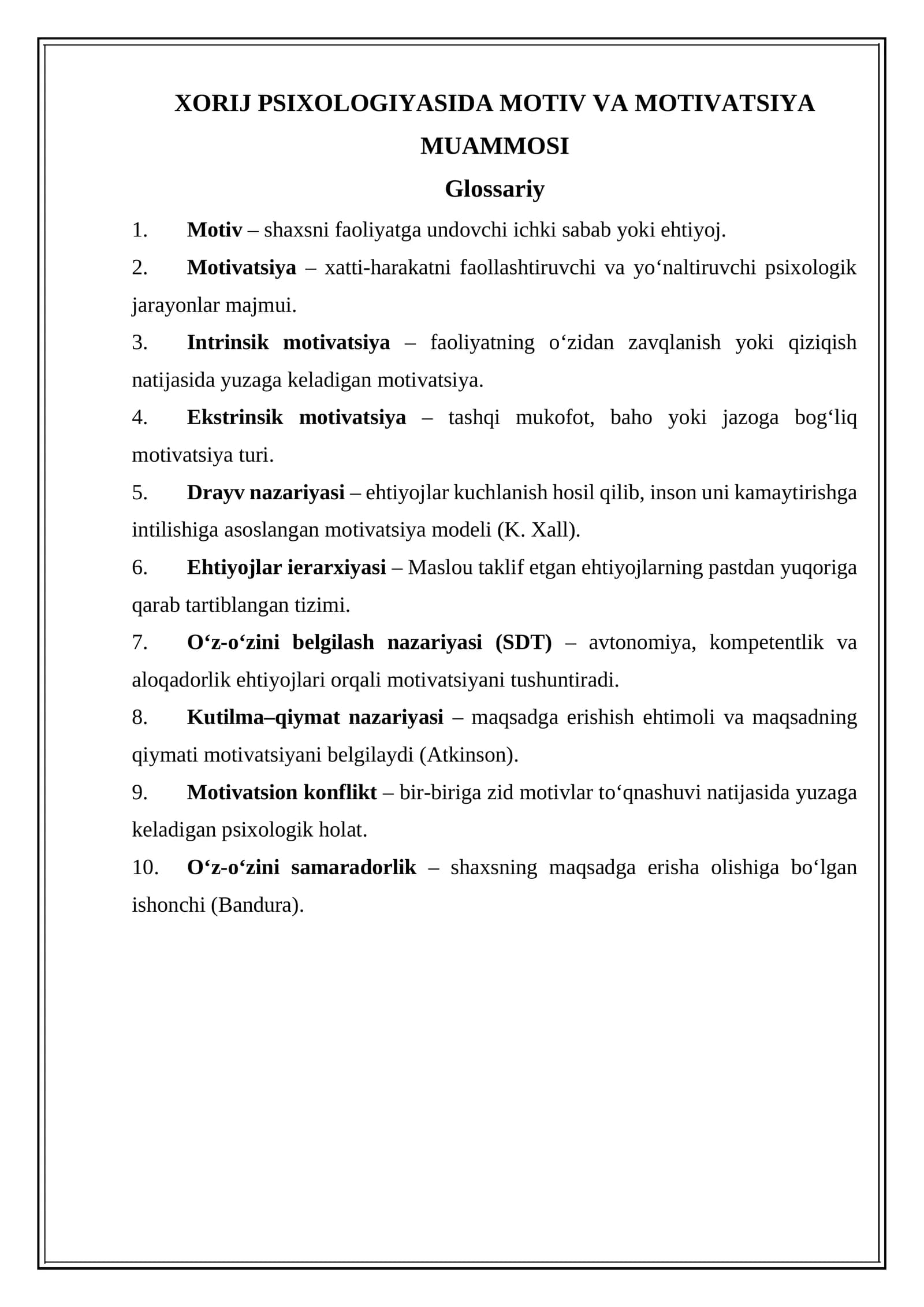 XORIJ PSIXOLOGIYASIDA MOTIV VA MOTIVATSIYA MUAMMOSI