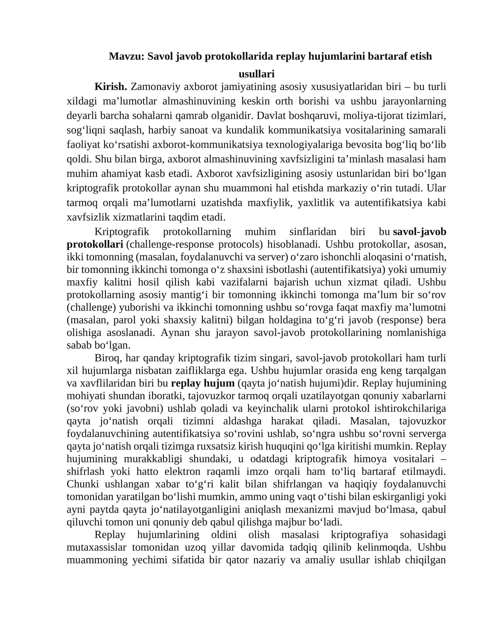 Savol javob protokollarida replay hujumlarini bartaraf etish usullari