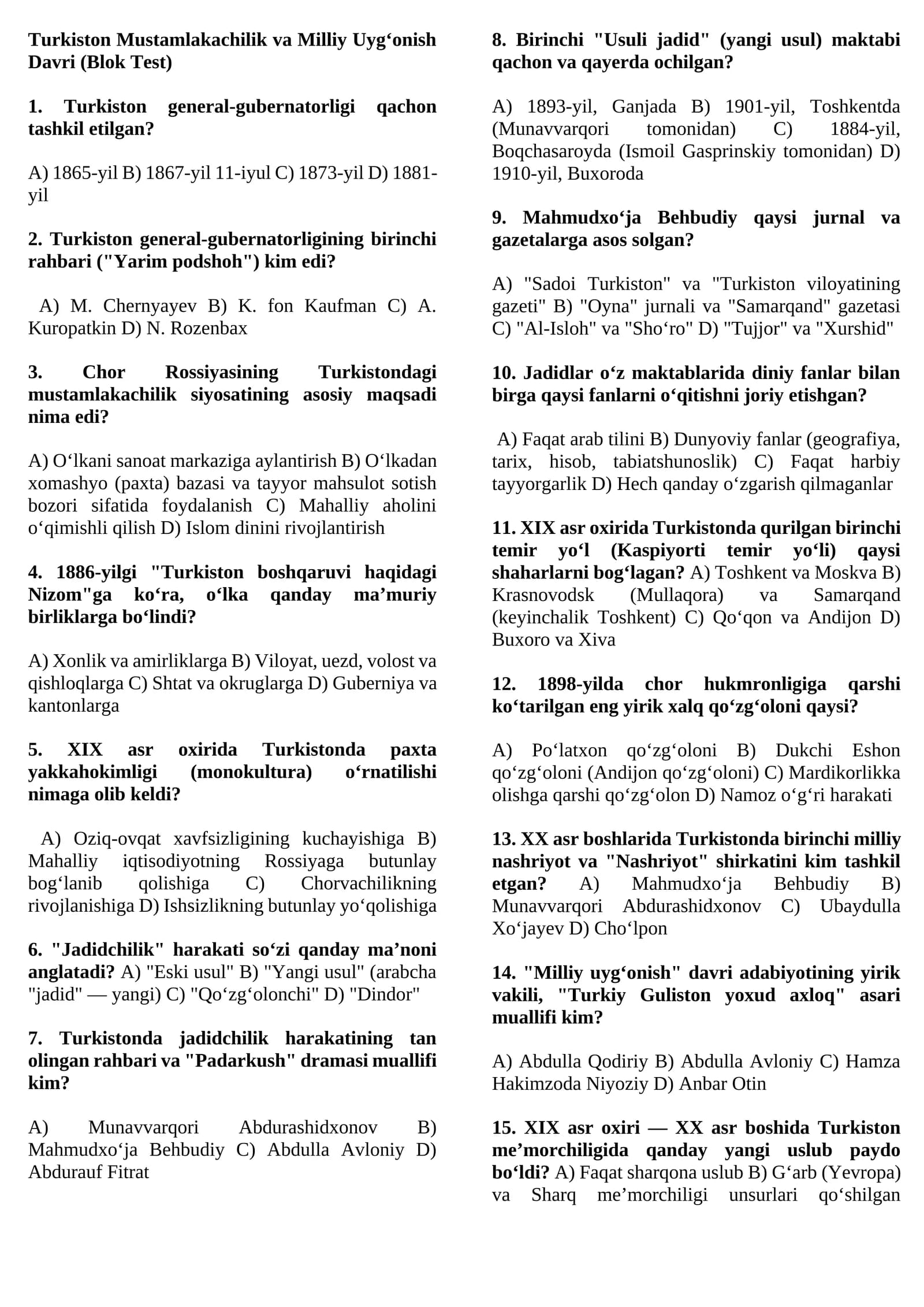 Turkiston Mustamlakachilik va Milliy Uyg‘onish Davri (Blok Test)