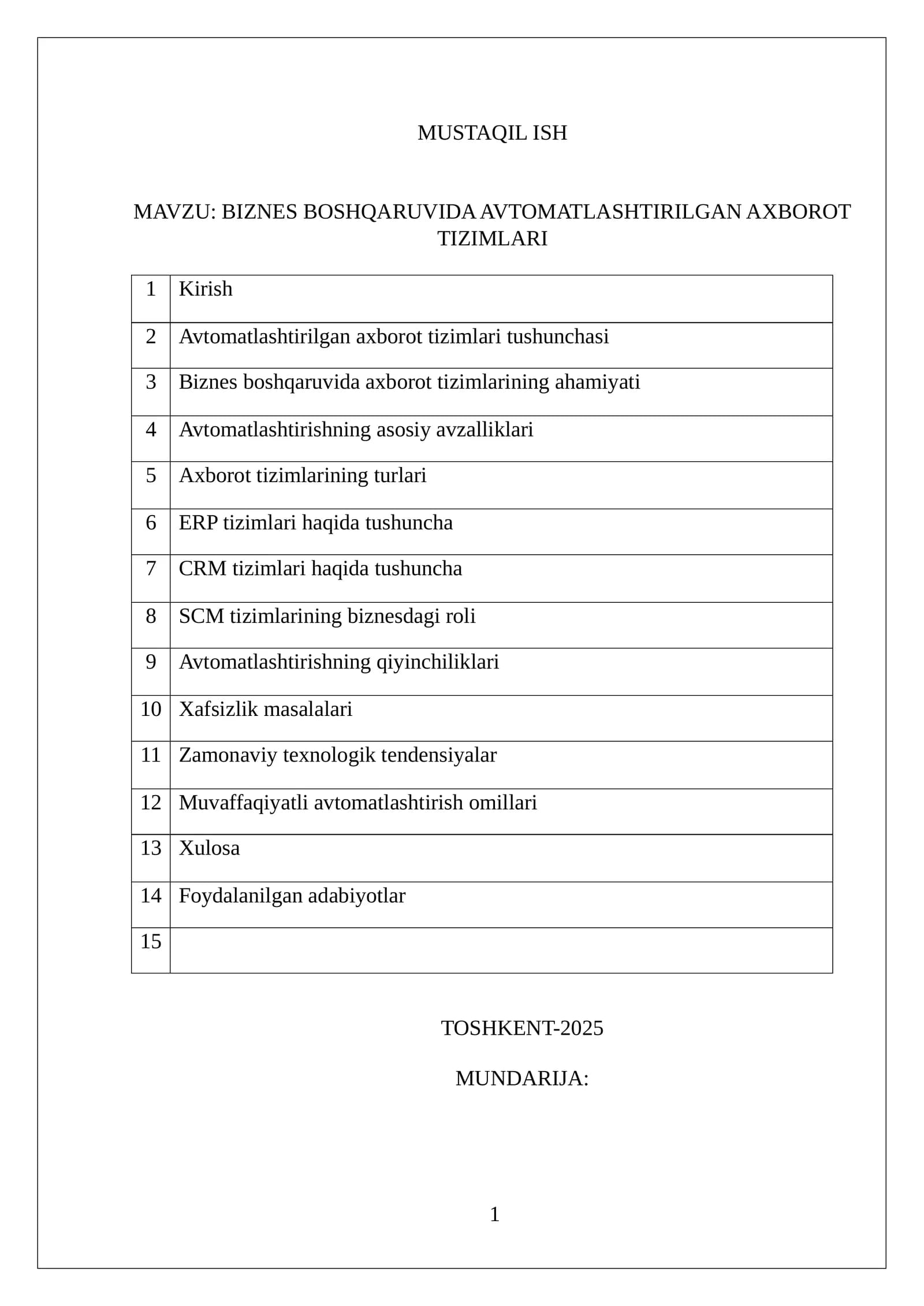 BIZNES BOSHQARUVIDA AVTOMATLASHTIRILGAN AXBOROT TIZIMLARI