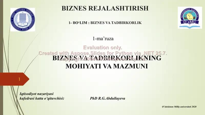 Biznes va tadbirkorlikning mohiyati va mazmuni