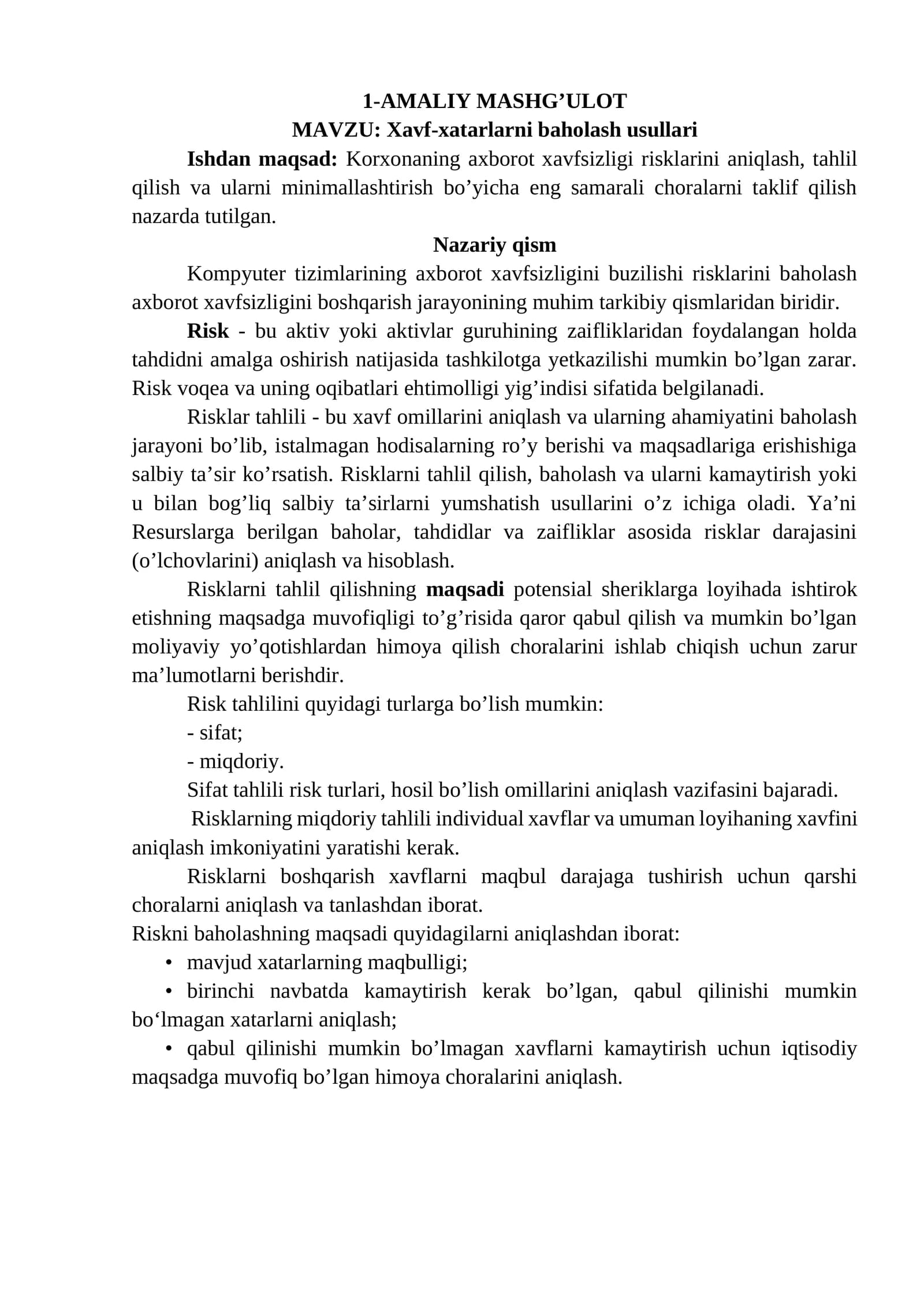 Xavf-xatarlarni baholash usullari